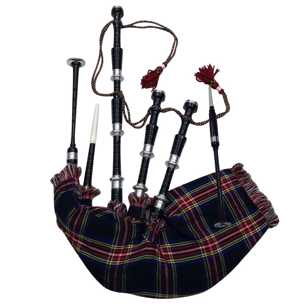 Bagpipes Full Size for Beginners and adults with Beautiful Black Finish- Practice chanter with Accessories- Bag Pipe Adult (Black STEWART Tartan)