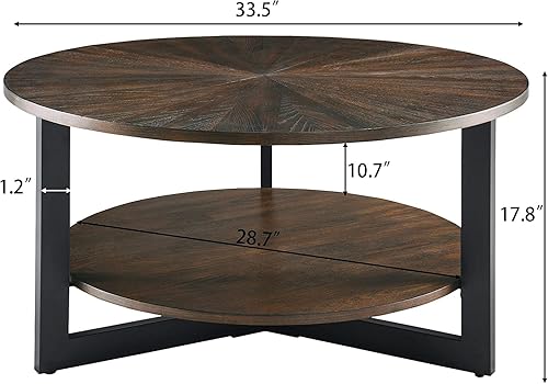 Miniatura 2 de Mesa auxiliar redonda con estante de almacenamiento, mesa central circular de 33.5 pulgadas con patas de metal negro, mesa de cóctel industrial de 2