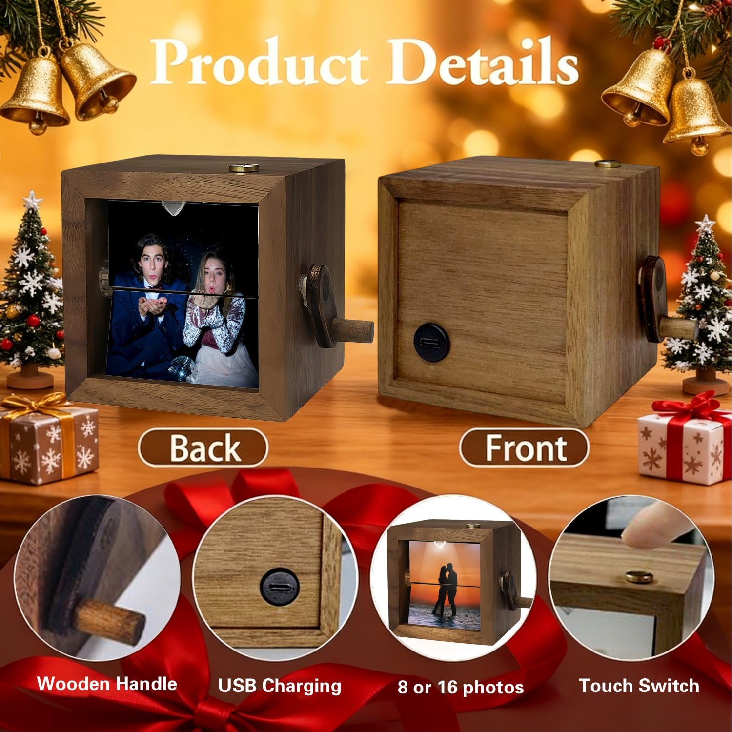 Caja de animación mecánica iluminada personalizada, caja de animación de manivela de fotos personalizada, caja de recuerdo personalizada para parejas románticas (16 fotos, con LED)
