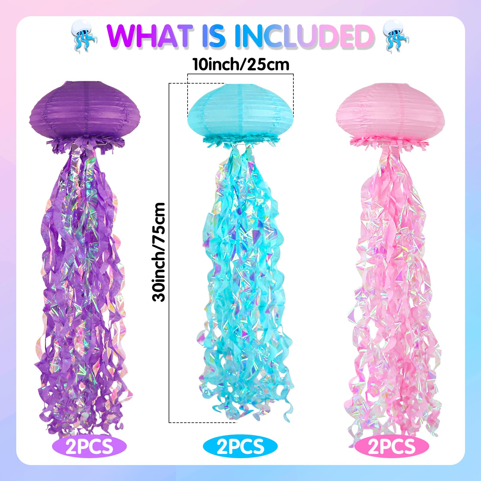 Ycitusi Jellyfish Paper Lanterns, Under The Sea Party Decorations, 6pcs Hanging Jelly Fish for Mermaid Ocean Themed Birthday Party Decorations (Purple Pink Blue)