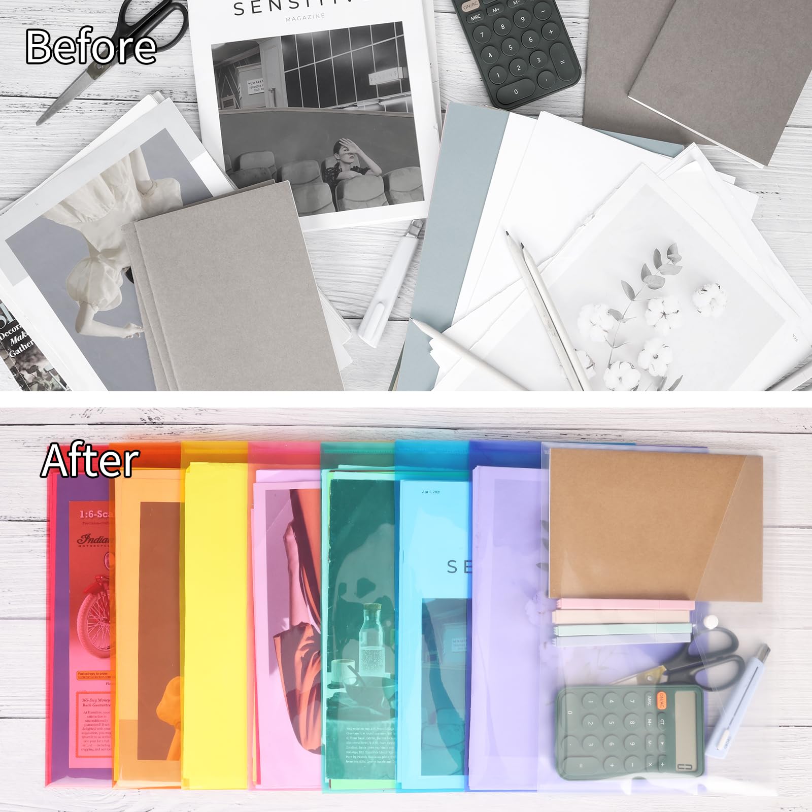 EOOUT Kunststoff-Umschläge mit Schnappverschluss, transparente Dokumentenmappen, A4-Briefgröße, für Schule, Zuhause, Arbeit, Büro, Organisation, 8 Farben, 48 Stück