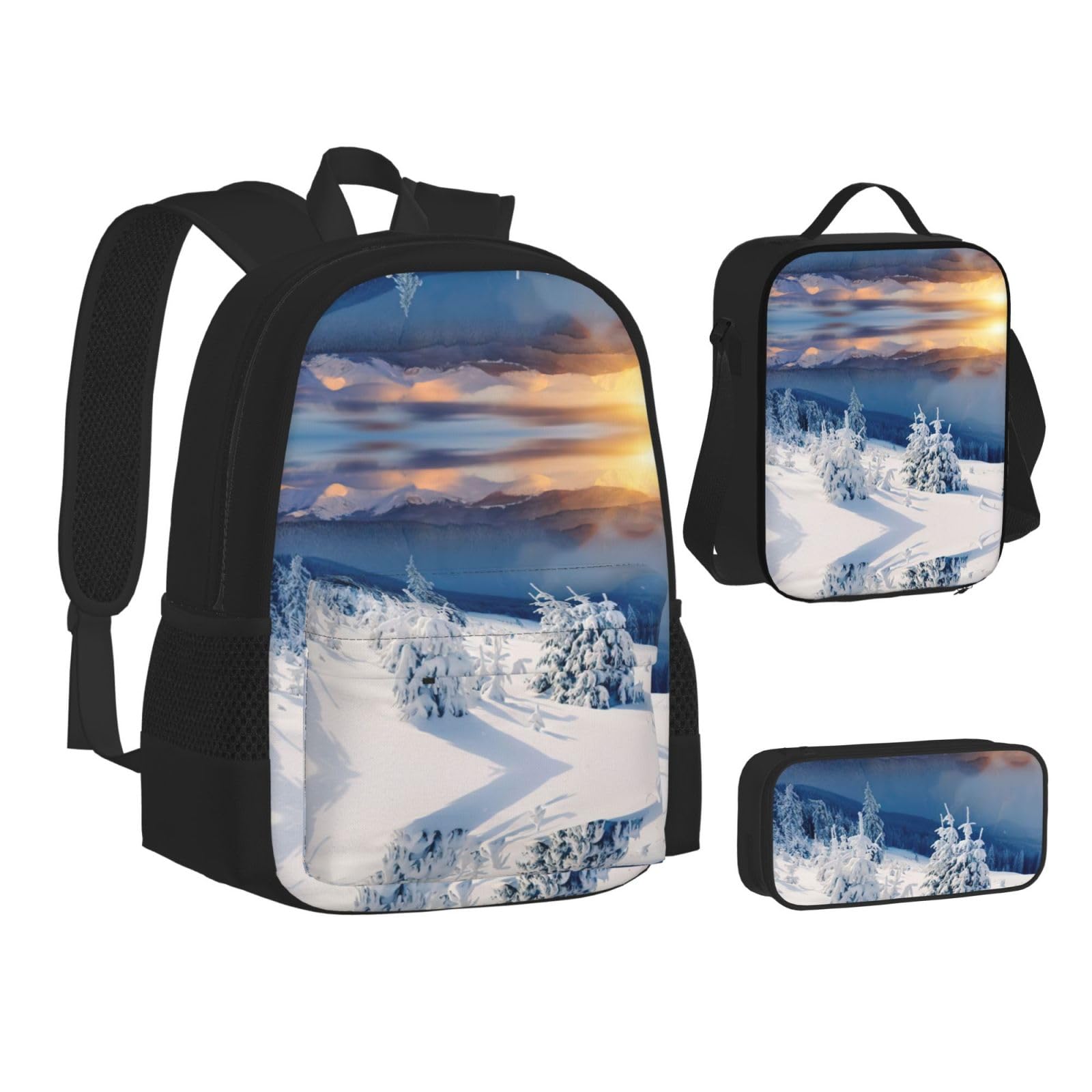 Juego de 3 mochilas escolares con estampado de atardecer y montañas de invierno, mochila para laptop resistente al agua con bolsa de almuerzo aislada y estuche para lápices para adolescentes