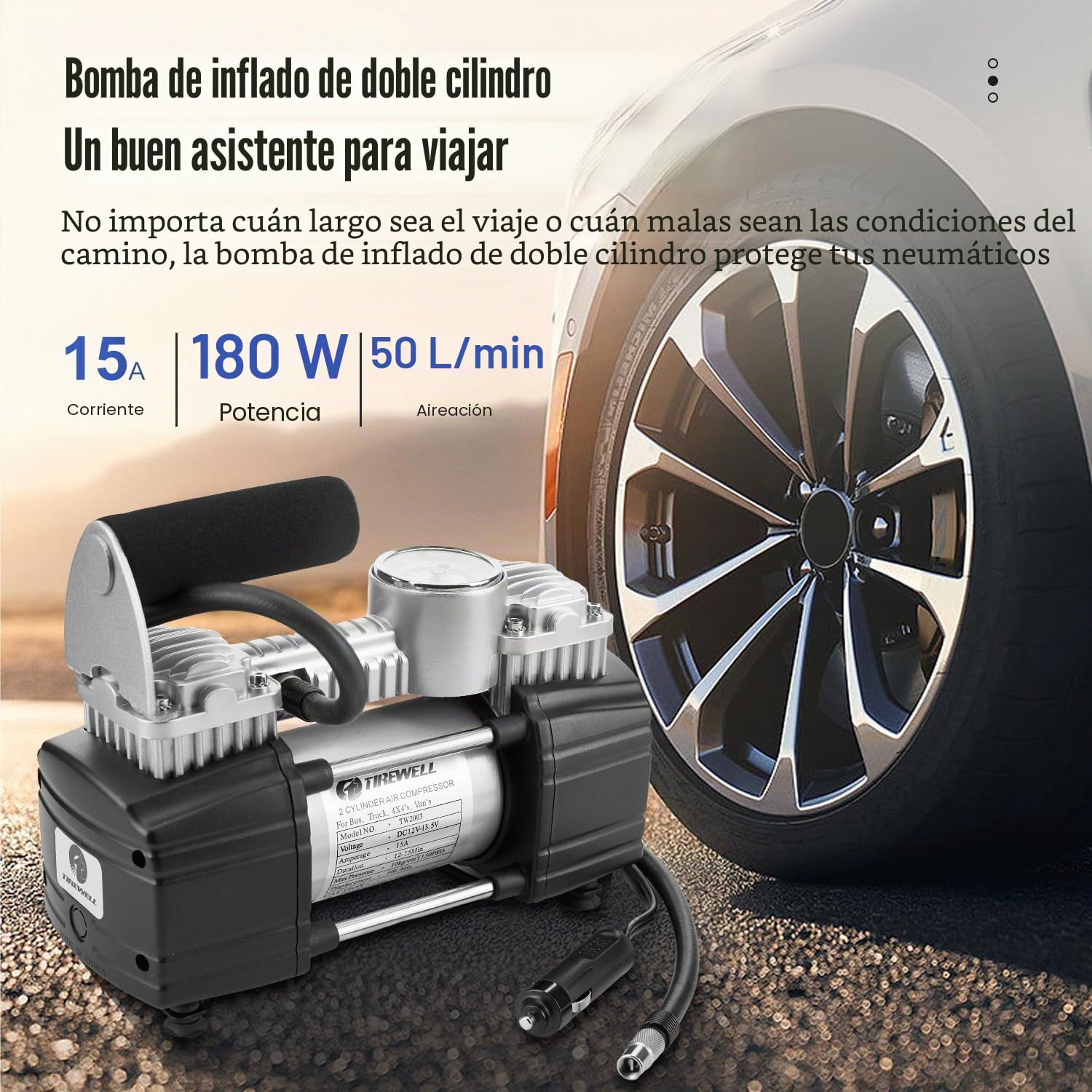 Inflador de neumáticos de 12 V de TIREWELL, bomba de metal de accionamiento directo de doble cilindro para trabajo pesado, compresor de aire con clip de batería y manguera extendida de 5 m