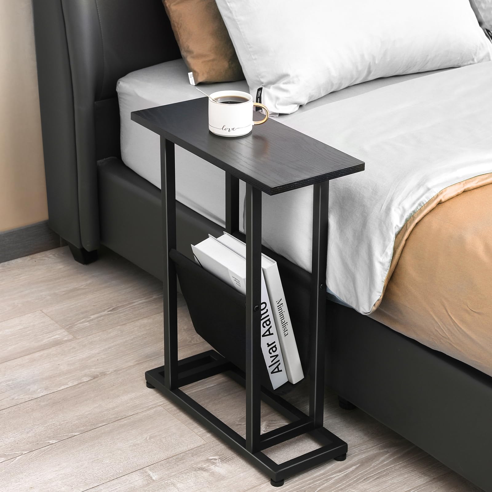 LAKEMID Side Table with Storage Set of 2 - Small Sofa Table Narrow End Table with Metal Frame for Living Room Bedroom Small Spaces (Black)