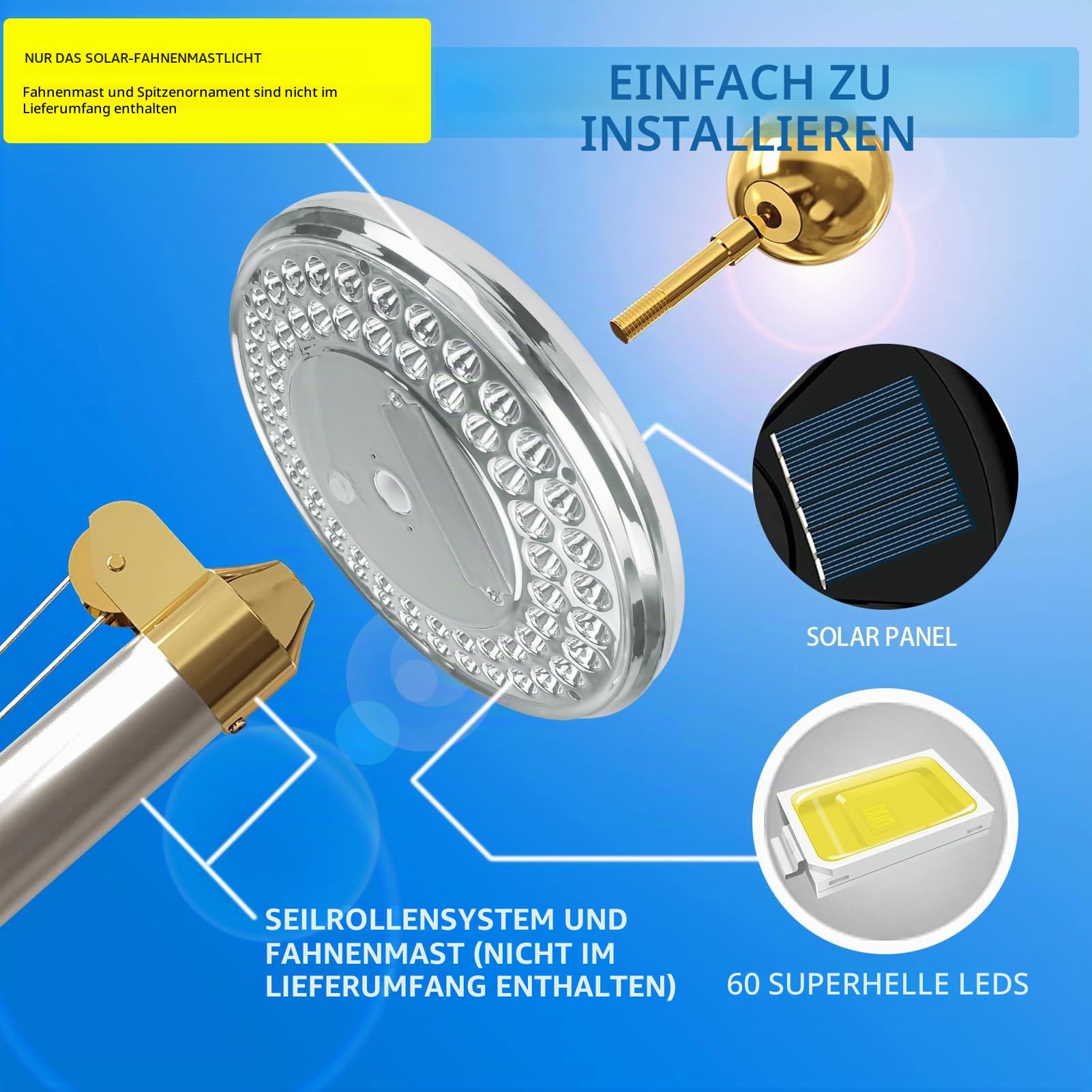 Solar-Fahnenmast der 2. Generation, 60 LEDs, superhelles Fahnenmast-Solarlicht, 30 % heller, IP65 wasserdicht, für 3.8 bis 7.5 m Boden-Teleskop-Fahnenstangen (Deluxe, silberfarben) )