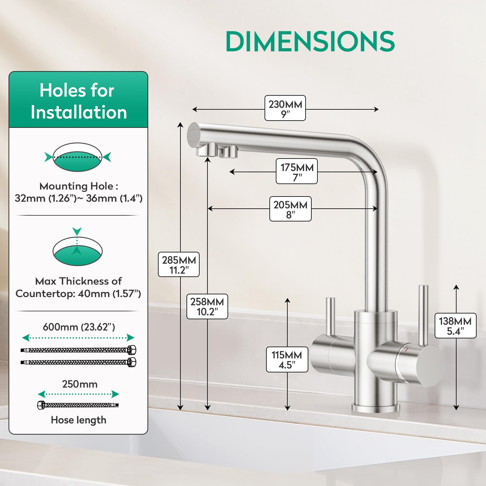 CREA 3 Wege Wasserhahn Küche Edelstahl, Mischbatterie Küche | 360° Drehbar Küchenarmatur, 3 in 1 Spültischarmatur für Wasserfilter, Trinkwasserhahn mit Doppelhebel, Gebürstete Oberfläche