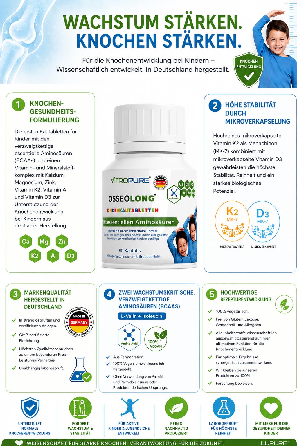 OsseoLong® Kautabletten: Einzigartige Kombination: Verzweigtkettiger Aminosäuren (BCAAs), Kalzium, Vitamin D3, Zink und Magnesium für die Knochenentwicklung.