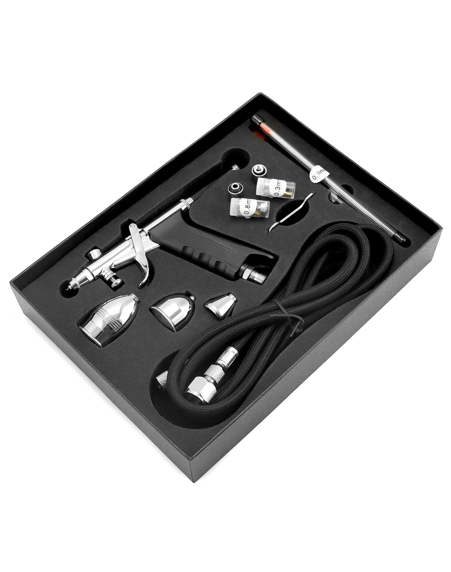 QWORK® Kit Pistola aerografo Professionale - Ugelli Proiettile 0,3 mm 0,5 mm 0,8 mm - Tazza Vernice 2 CC 5 CC 13 CC - Lunghezza Tubo 1,8 m