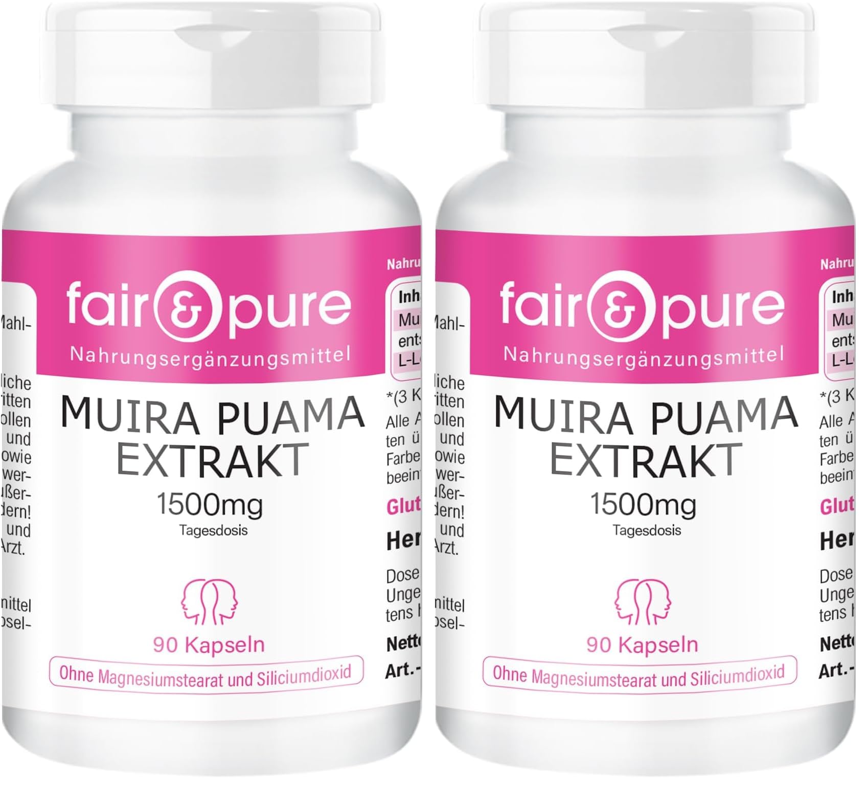 Fair & Pure Muira Puama 500mg, 90 Kapseln, schluckfreundlich, 10:1 Extrakt, Nahrungsergänzungsmittel vegan ohne Magnesiumstearat, in Deutschland hergestellt (Packung mit 2)