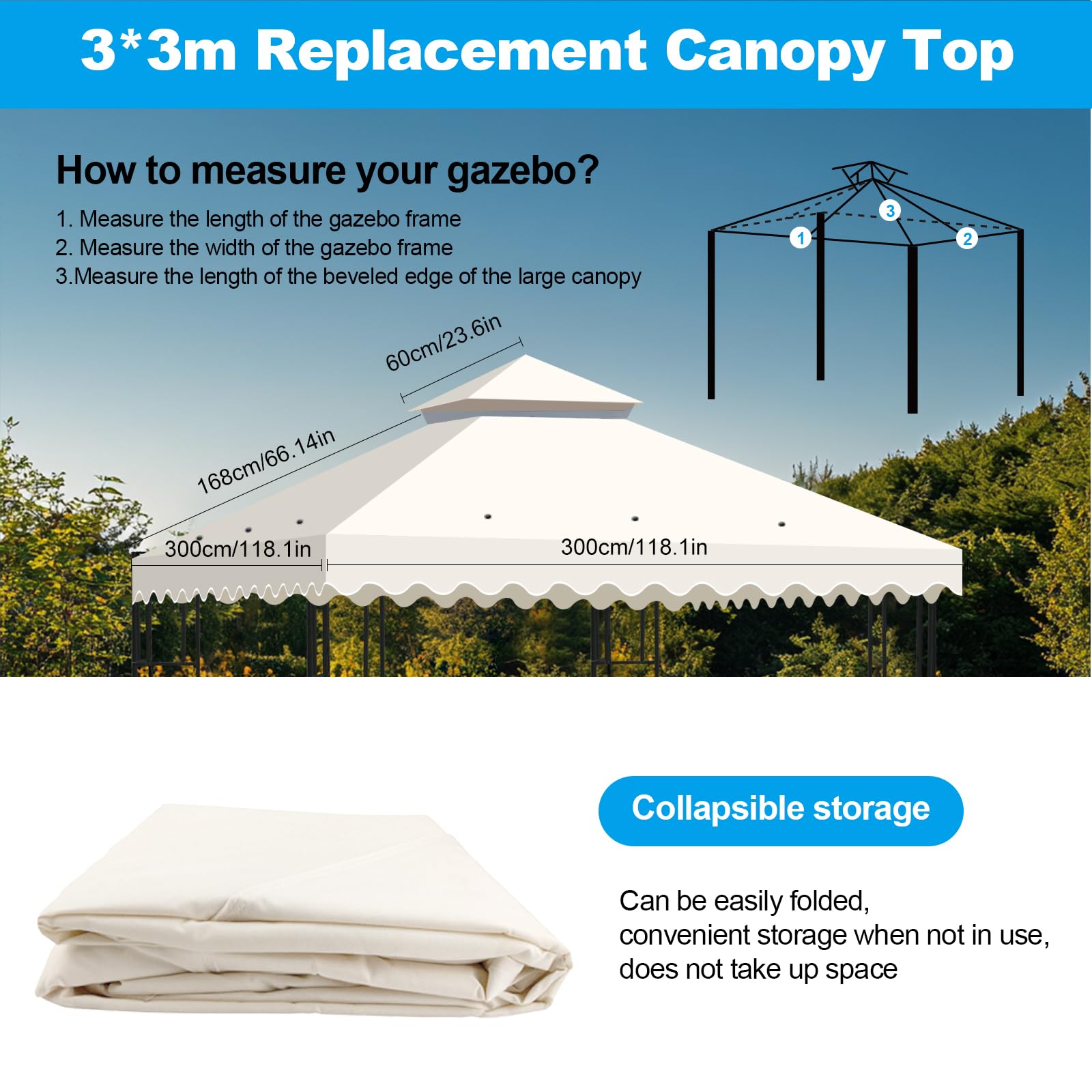 Housse de Rechange Toit Imperméable 3x3m Protection UV pour Tonnelle Jardin Terrasse Camping Beige