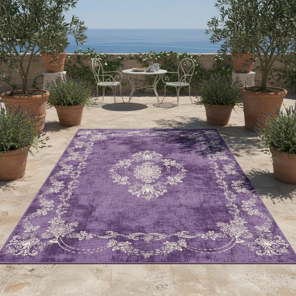 2x3 Waterproof Outdoor Rug Purple Beige Vintage Floral Pattern Thin Easy Clean Quick Dry Non Slip Durable Indoor Outside Carpets for Deck Camper Porch Balcony Backyard Picnic Farmhouse Rugs