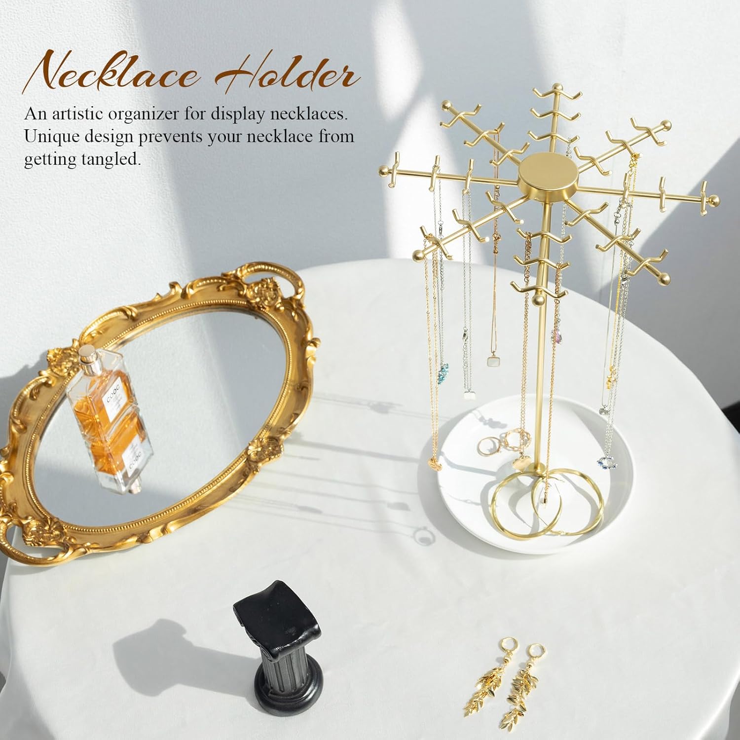 2PCS Rotating Necklace Holder Jewelry Stand, Gold Necklace Organizer Display with 48 W-shaped Hooks,Jewelry Organizer for Necklaces Earrings Rings Storage Tree, Presents for Women