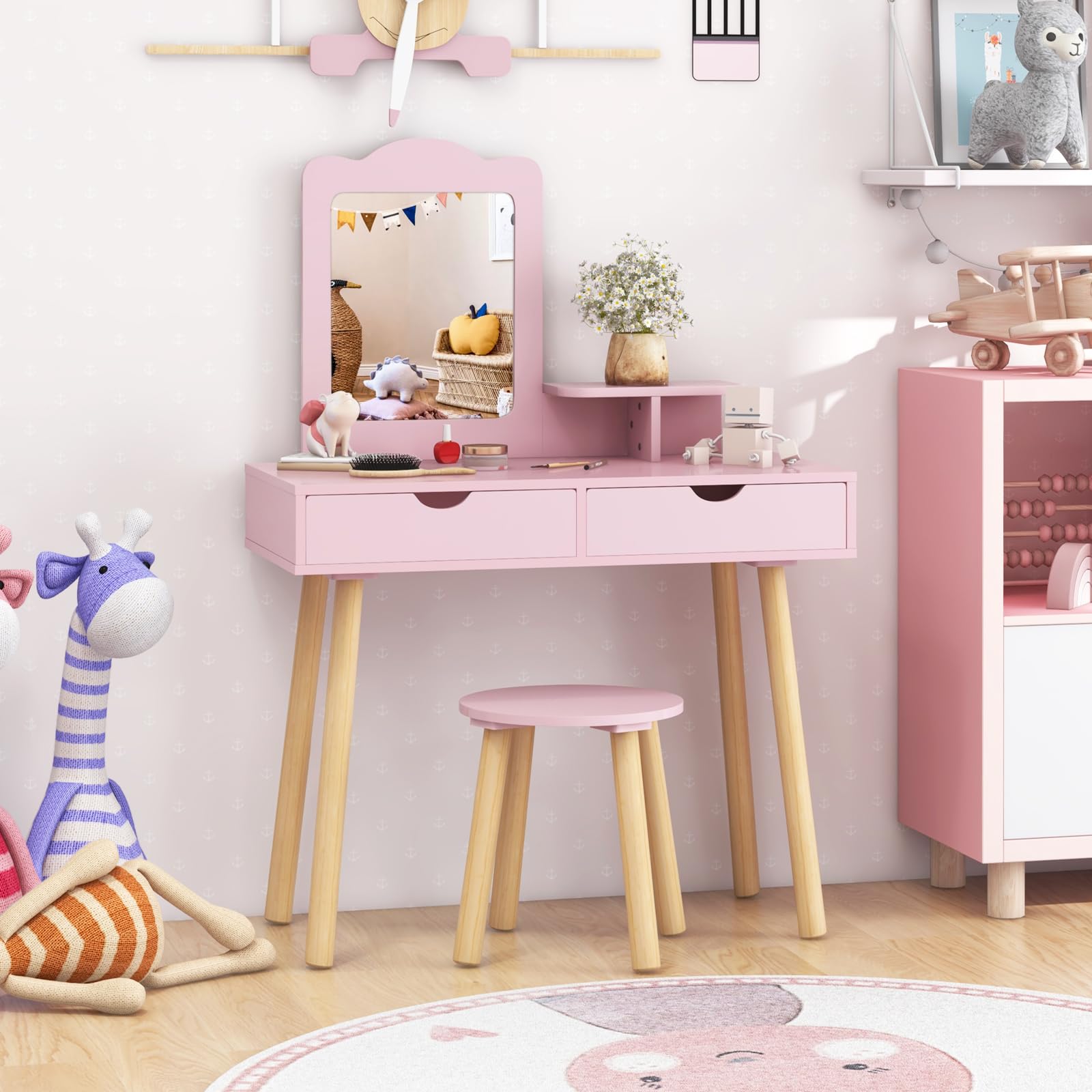 LIFEZEAL Coiffeuse Enfant 2 en 1 avec Miroir Amovible et Tabouret, Table de Maquillage Bois avec 2 Tiroirs et Étagère, Chambre d’Enfant, Fille 3-7 Ans, Charge 40kg/20kg (Rose)