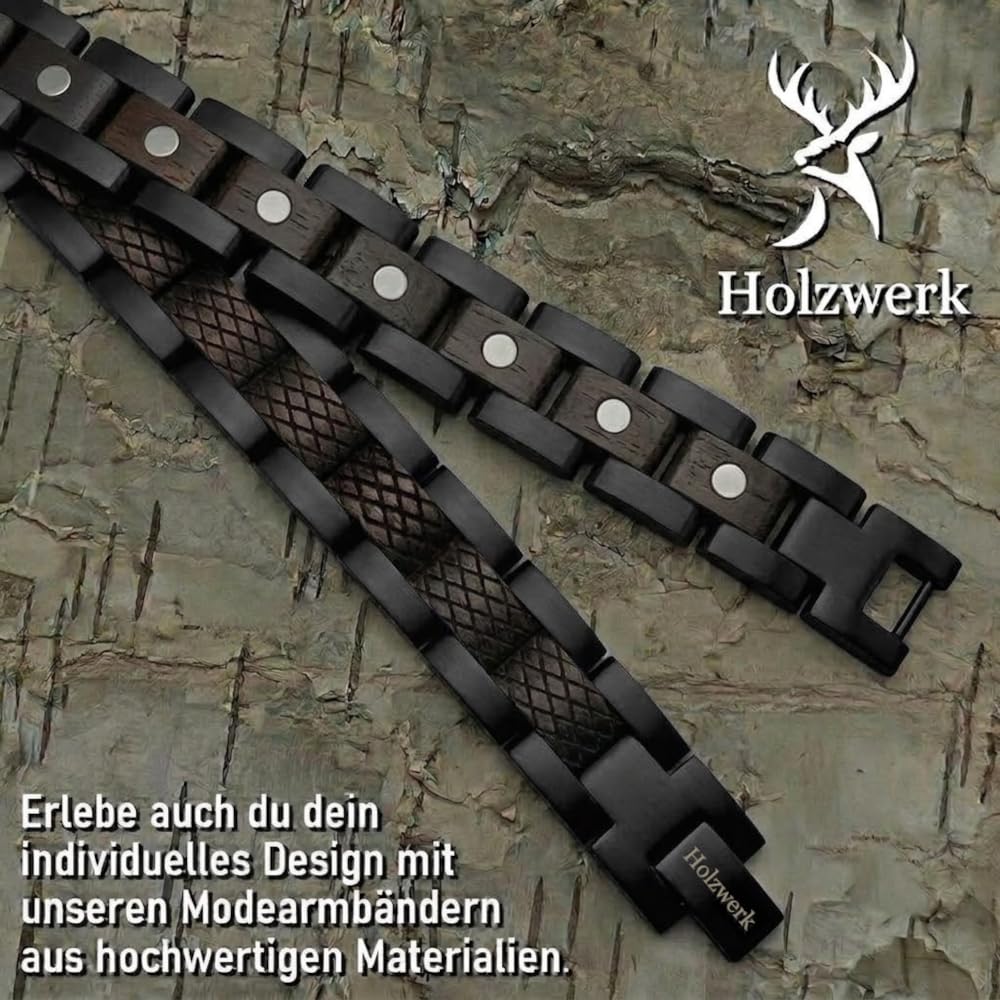 Holzwerk PARKSEE Bracelet magnétique en bois naturel pour homme et femme Bracelet magnétique en bois Bracelet pour homme et femme Marron Noir Réglable