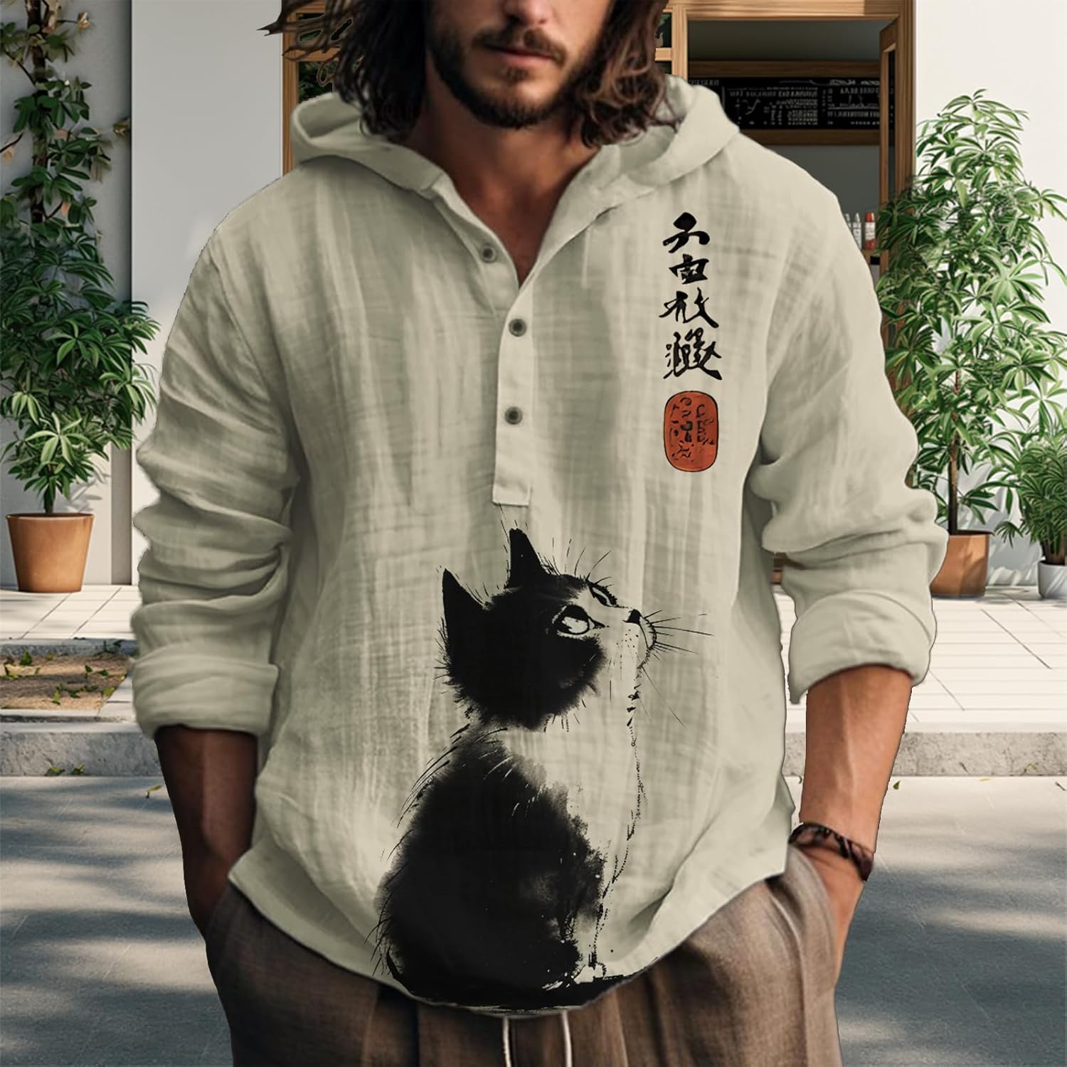 Japanese Graphic Hoodie for Men Button Up Shirts Casual Pullover Trendy Long Sleeve Hooded Sweatshirts - Image 2