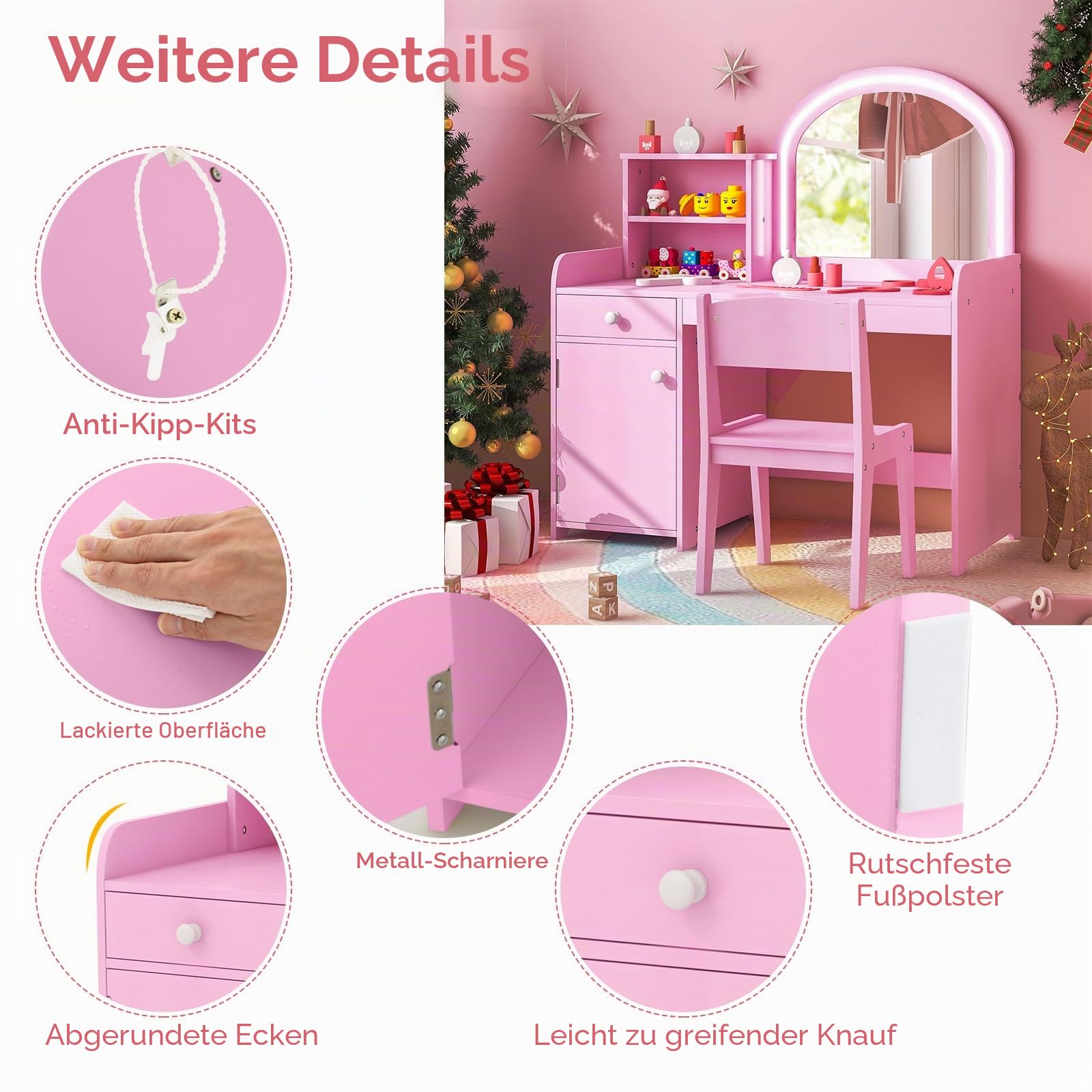 LIFEZEAL 2 in 1 Schminktisch Set für Kinder, Kinderschminktisch mit LED-Spiegel & Hocker, Frisiertisch Holz mit Schublade & Regal, Kosmetiktisch Set für Mädchen ab 3 Jahre (Rosa)