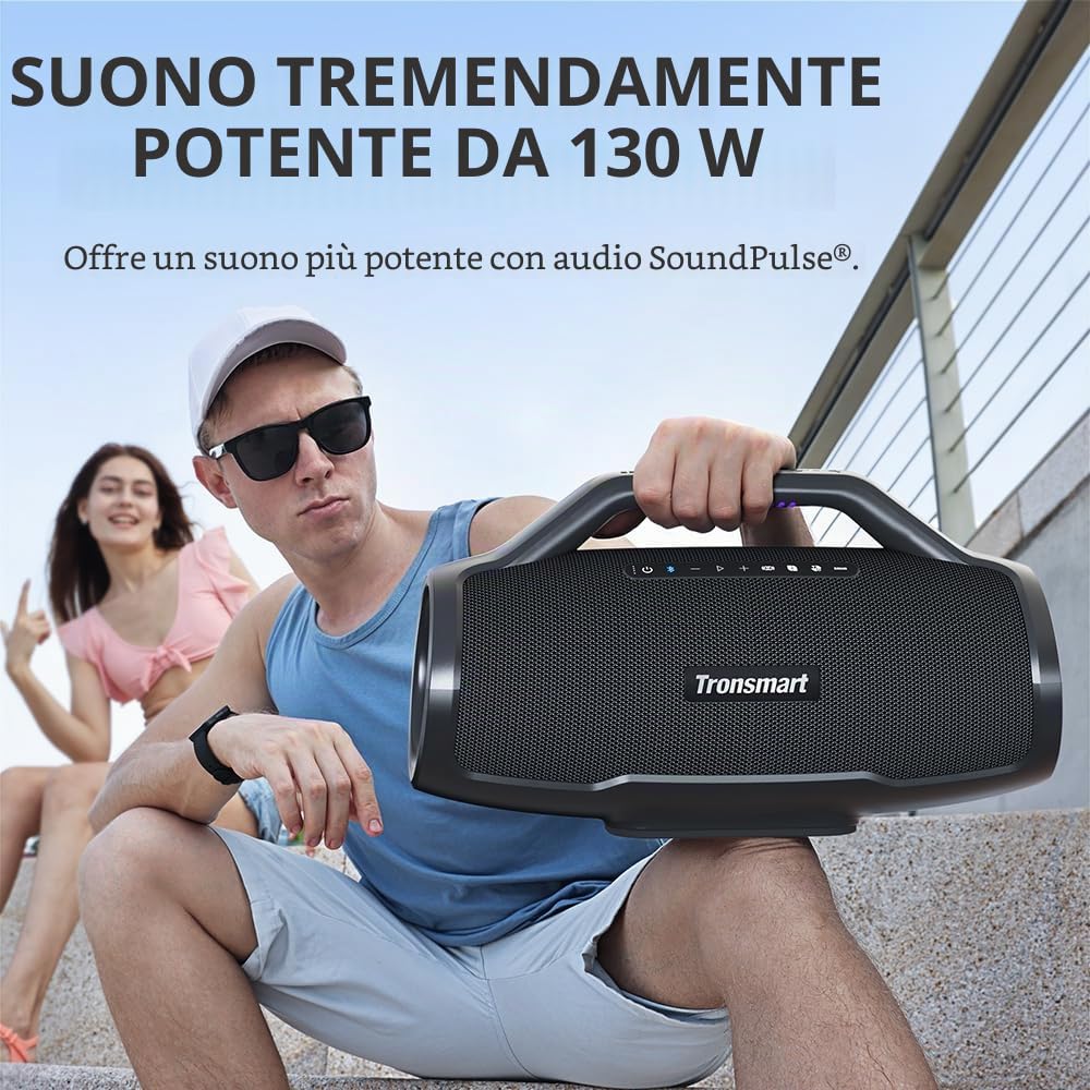 Tronsmart Bang MAX Cassa Bluetooth Potente 130W, Altoparlante Bluetooth 5.3, Luci a LED e Impermeabile IPX6, Fino a 24H di Autonomia, Tripli Radiatori Passivi-Bassi con AUX, TF, App, Foro per Chitarra