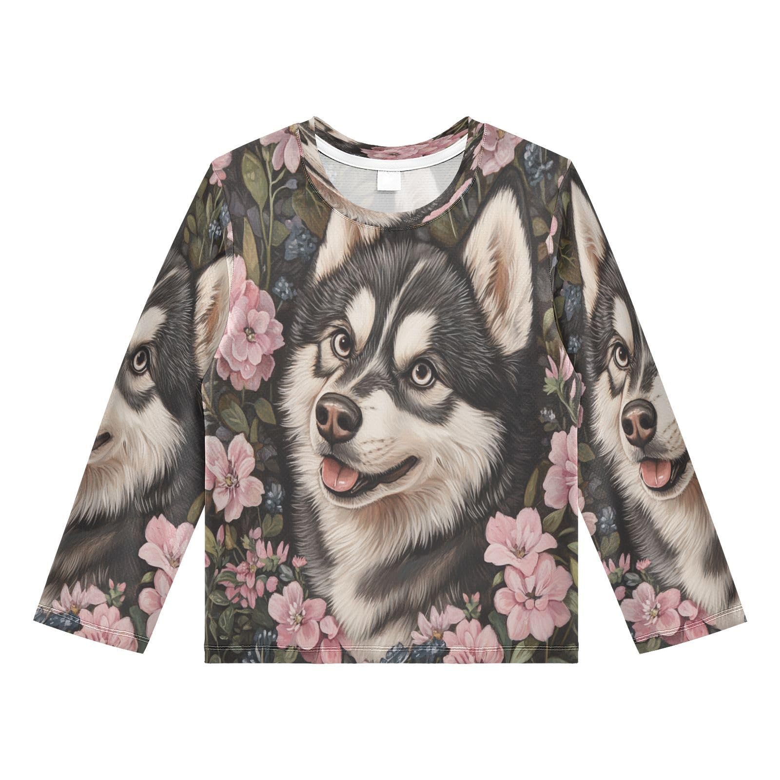 Husky Pink Flowers Boy's Rash Guard Swim Shirt Long Sleeve Sun Shirt for Running Swiming Pool UPF50+ 4T