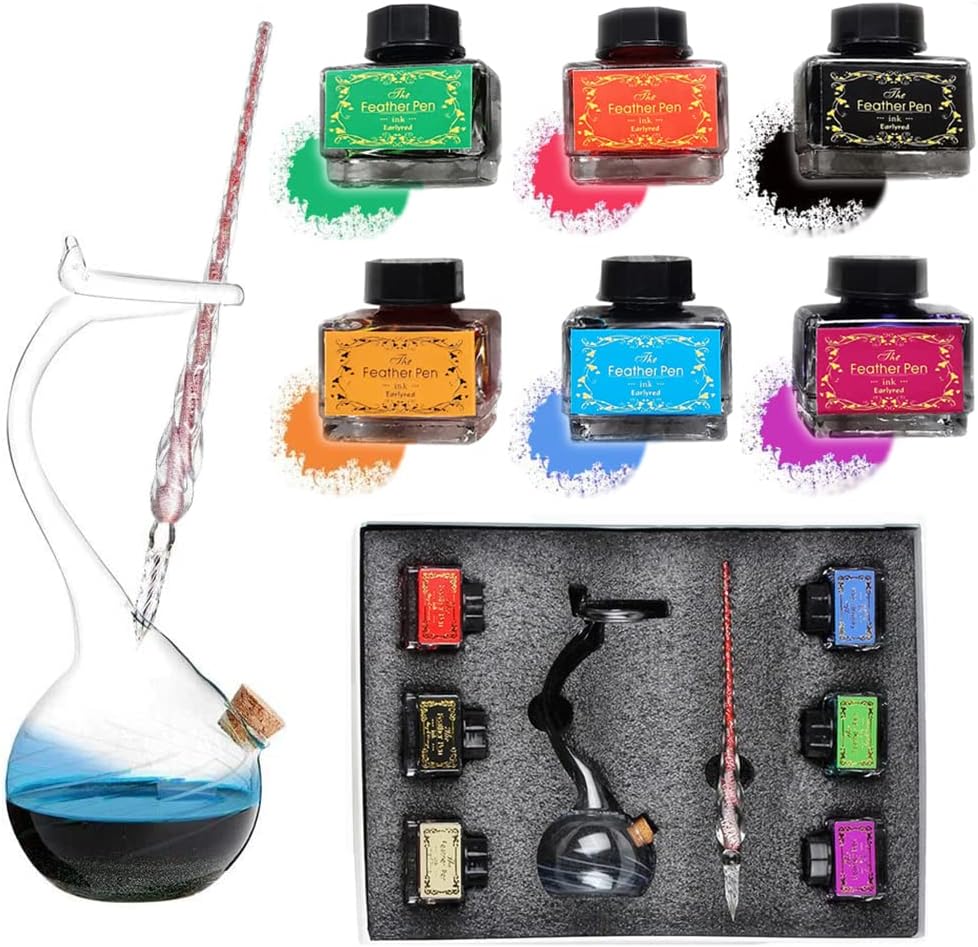 Jeston Xingehor Handmade Glass Dip Calligraphy Pen Ink Set Inkwell Kit 6 Colorful 15ml Inks Crystal Art Signature Writing Pen with Pen Holder Decoration Christmas Business Gift for Kids Adult Lovers