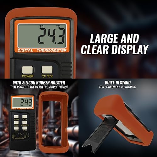 Miniatura 7 de Termómetro digital tipo K con canales duales, 4 termopares (con cable y acero inoxidable), probador de sensor de escala Kelvin de alta temperatura