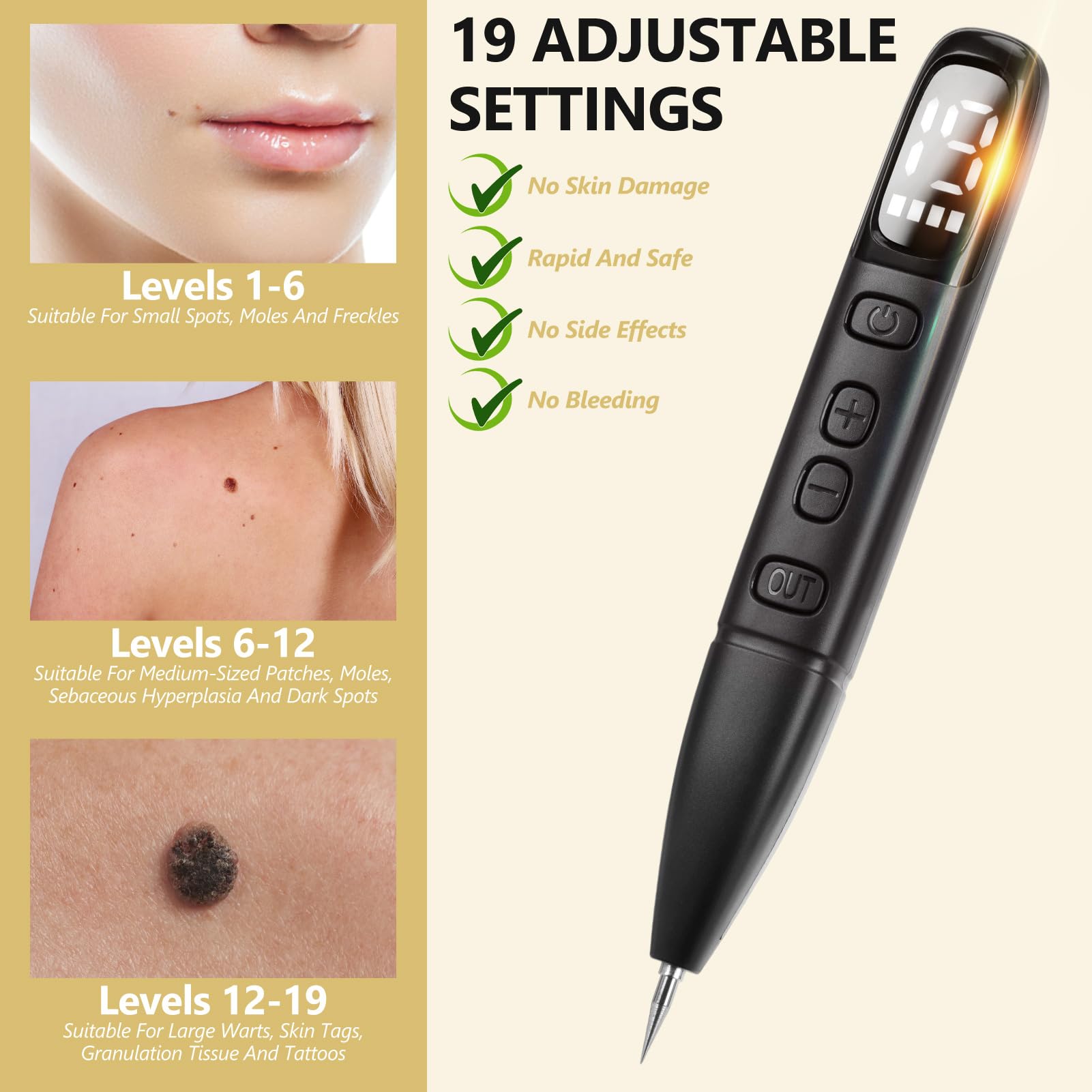 Sicura e Penna al Plasma, Rimuove Voglie Verruche Skin Tag Remover con 19 Livelli Regolabili e Luce LED, Strumento Dermatologico Ricaricabile Portatile per Nei, Verruche, Lentiggini, Macchie Scure