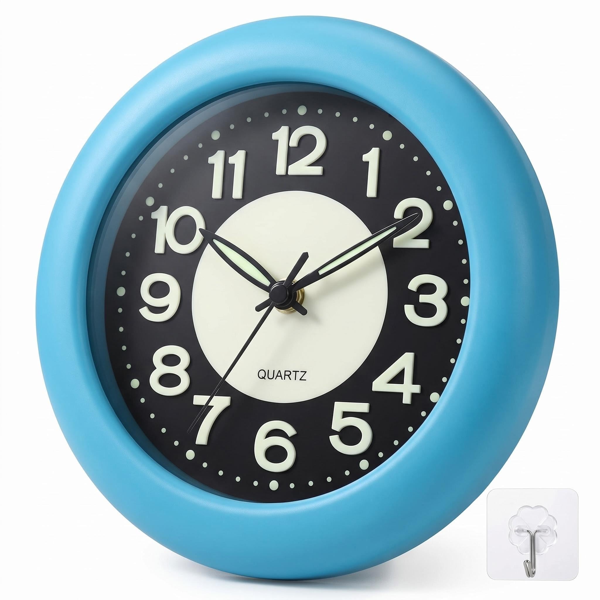 LXSZRPH Shower Clock Luminous Bathroom Wall Clock, Waterproof for Water Spray, Battery Powered, Non Ticking Silent Analog Clocks for Indoor Outdoor Gardens (Blue)