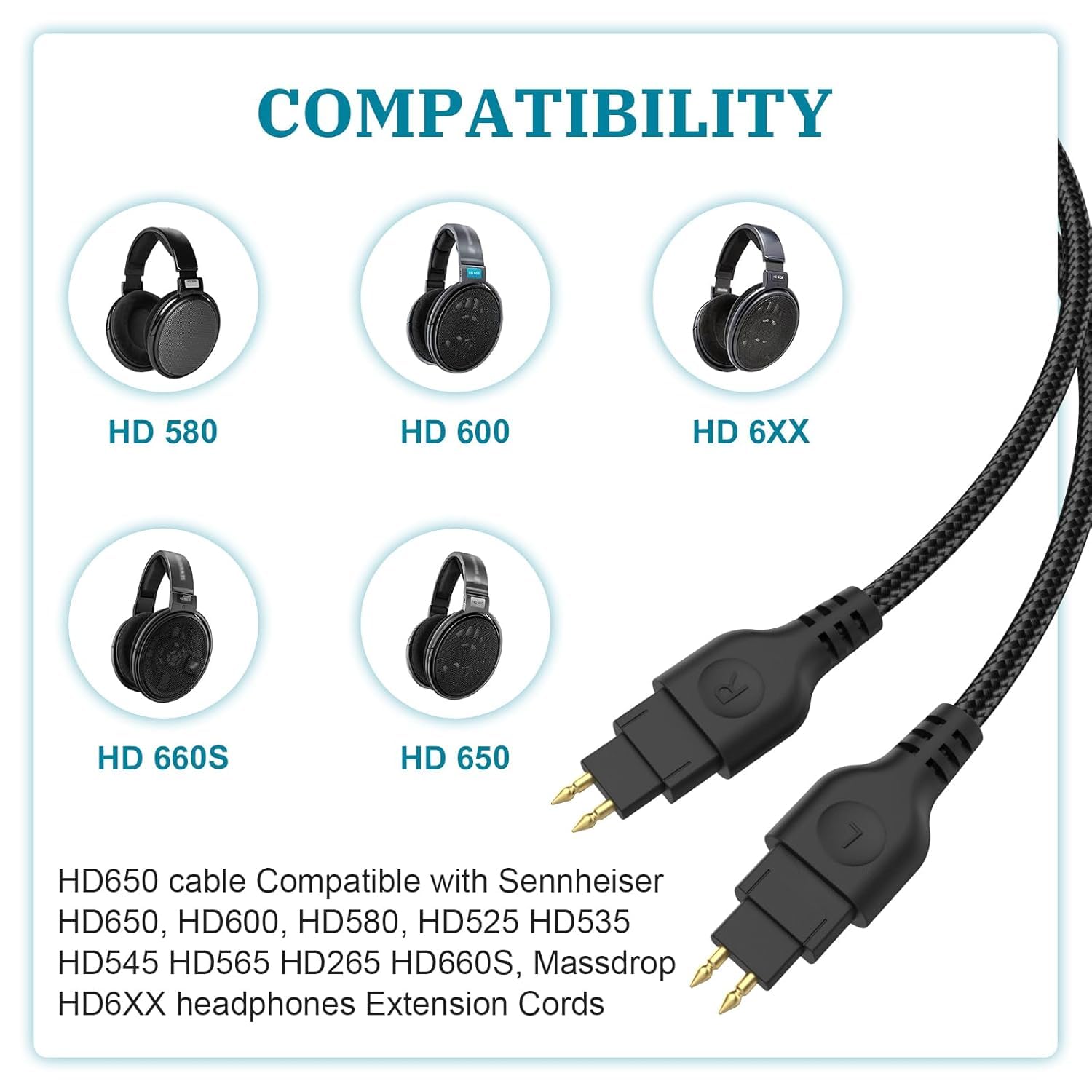 Zosvoses HD600 Kabel Kompatibel mit Sennheiser HD650, HD600, HD580, HD660S, HD58X, HD6XX, HD565, HD545, HD535, HD525, HD265 Kopfhörern | Ersatz-Audio-Upgrade-Kabel mit 6,35 mm Adapter, 2 m