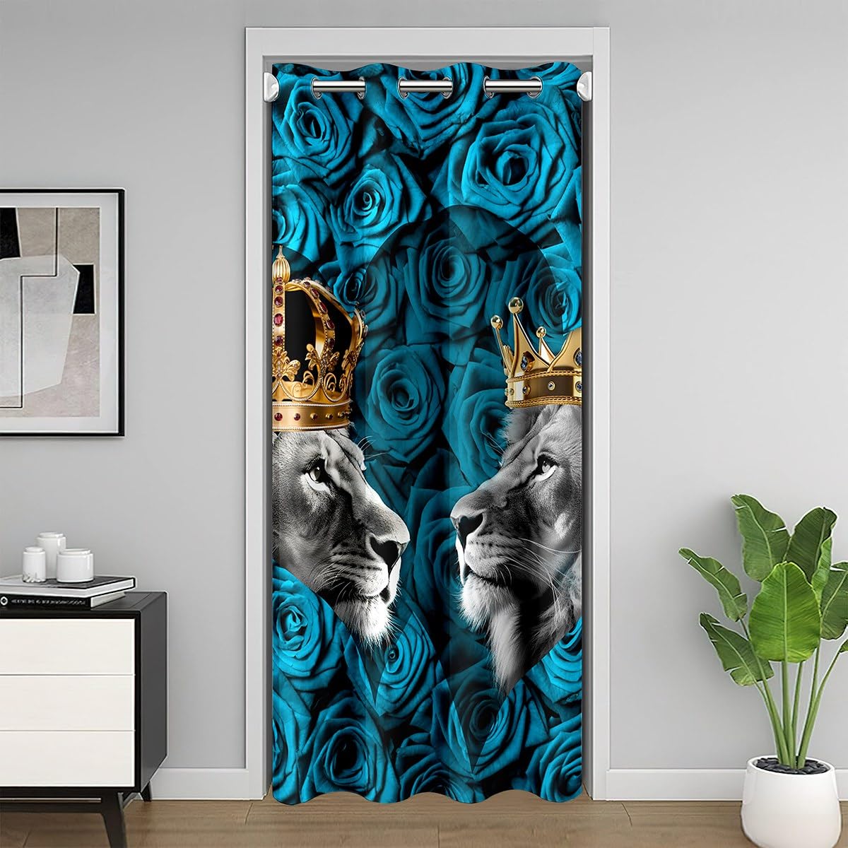 richhome Lion Couple Romantic Door Curtain Watercolor Teal Rose Hearts Pattern Doorway Curtain Privacy For Kids Teens Adults Abstract Wild Animals Crown Decor Drape For Bedroom Door Window42 W X80 L โ image 1