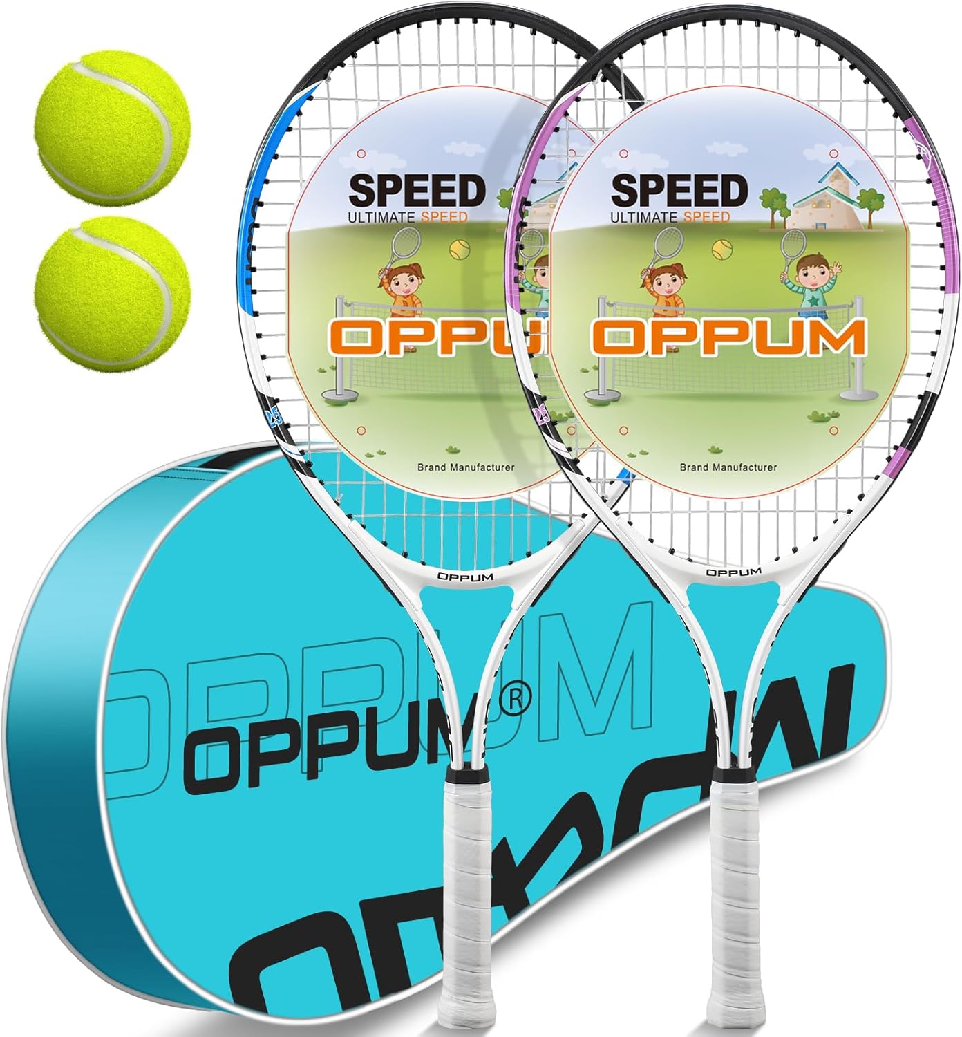 OPPUM Kids Tennis Rackets 16/21/23/25 Inch Lightweight Junior Set Ages 3-11 Boys Girls - 2 Rackets Balls Case