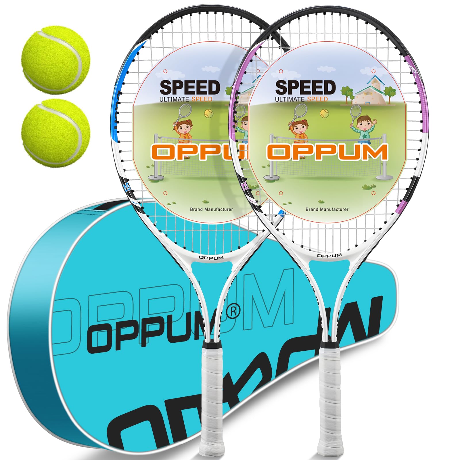 OPPUM 2-Pack Kids Tennis Racket Set, 16 21 23 25 Inch Junior Racquets for Boys Girls, Lightweight Aluminum Starter Kit with Shoulder Bag and 2 Balls