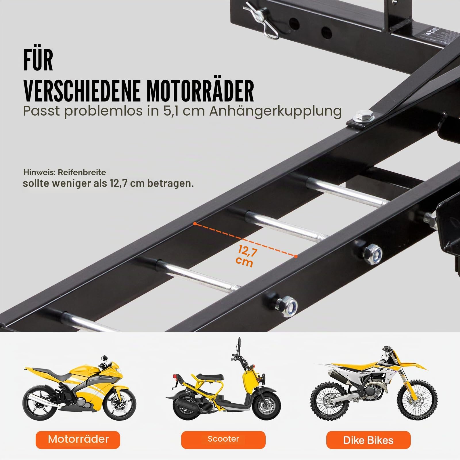 VEVOR Stahl-Motorradträger, 272,2 kg Anhängerkupplung, 119,4 cm Rampe, Roller-Dirt-Bike-Anhänger, Ratschenriemen, Stabilisator, Auto/LKW
