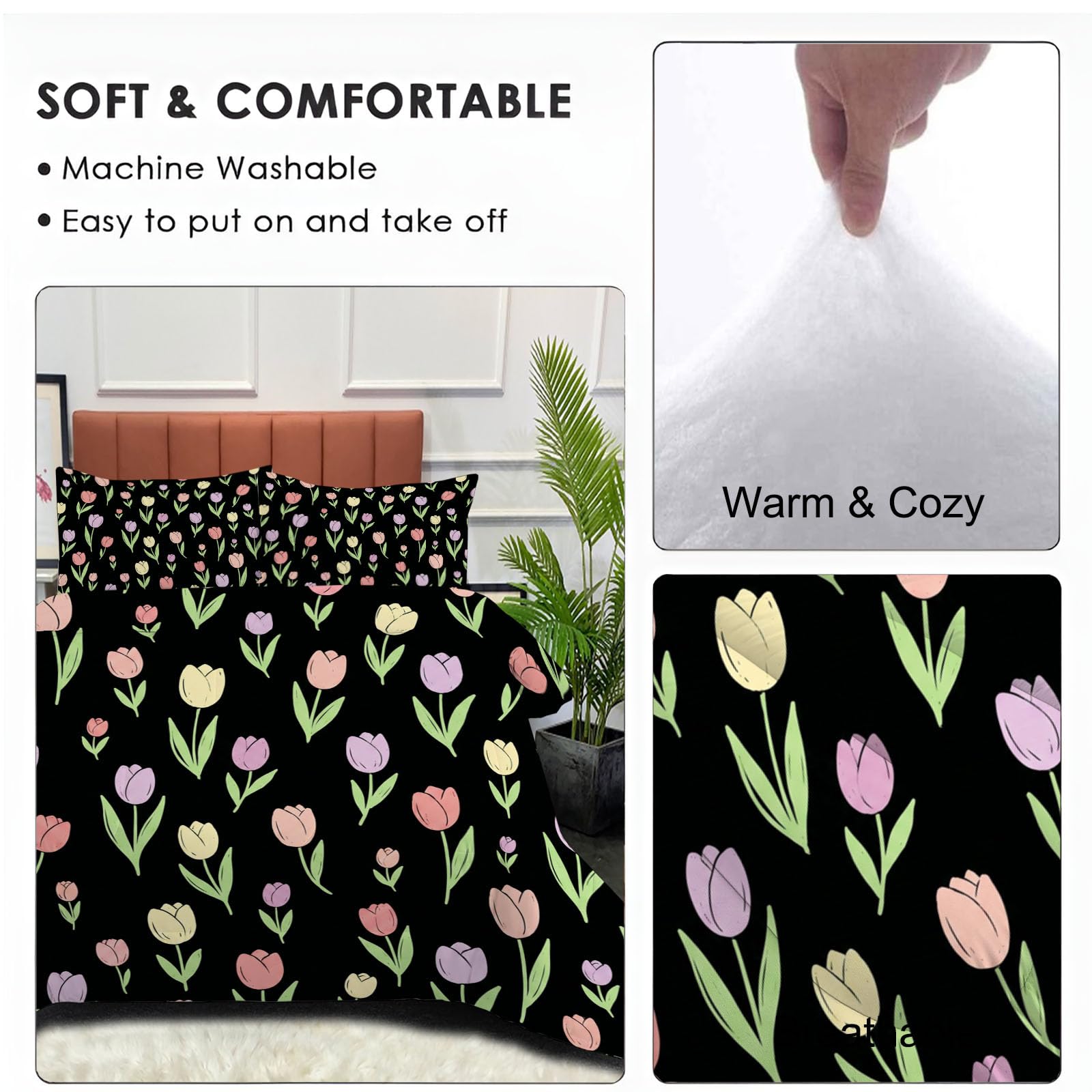 Copriletto Trapuntato Per Bambini Con Tulipano Dei Cartoni Animati | Trapunta Singolo Invernale, Nero, Piumone Caldo Morbido Piante Carine Per Decorazione Camera Da Letto