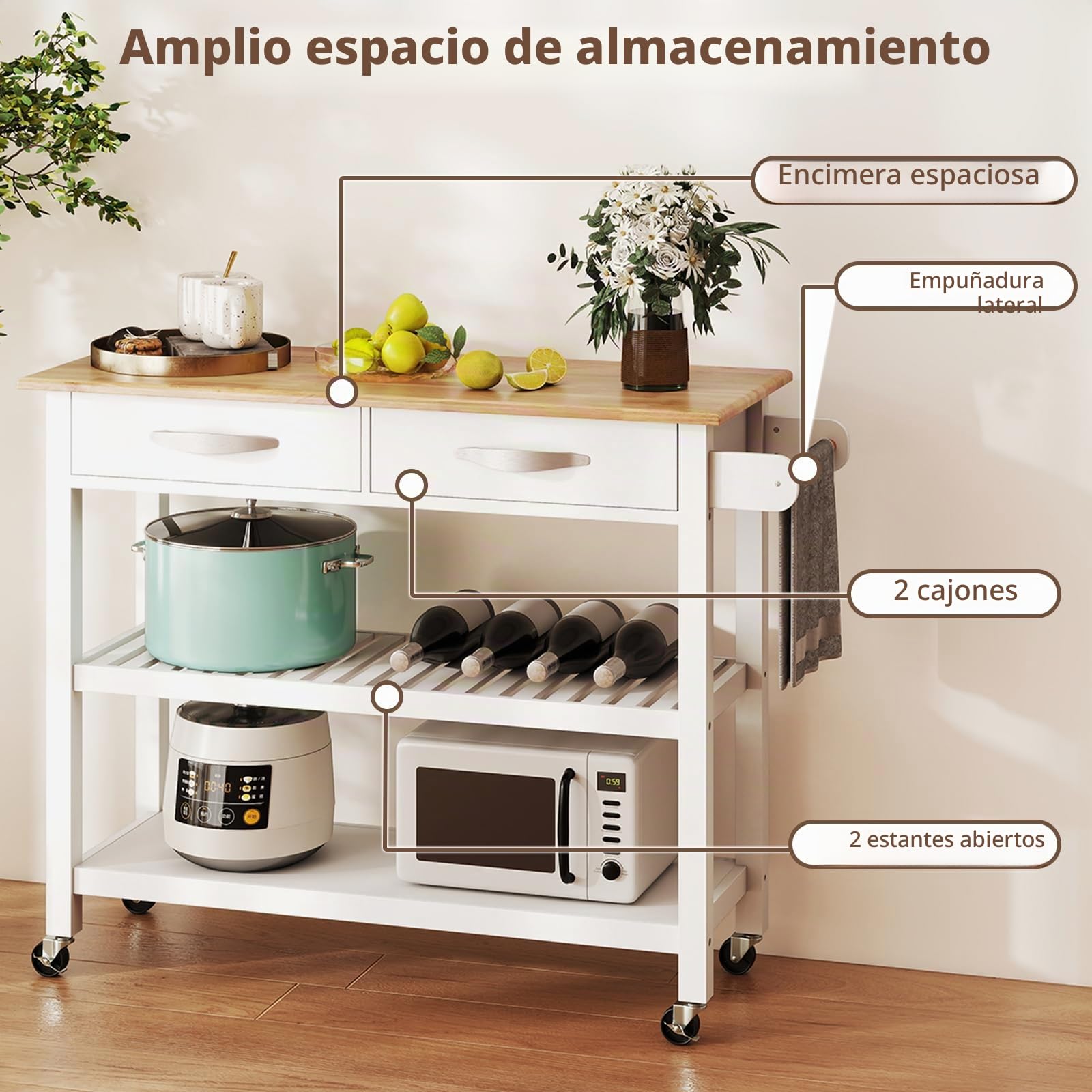 KOMFOTTEU Carro de Cocina de Madera con Ruedas, Carrito Auxiliar con 2 Cajones y 2 Estantes Abiertos, Isla de Cocina Móvil con Toallero Lateral, para Comedor, Bar, 116 x 44 x 89 cm (Blanco)