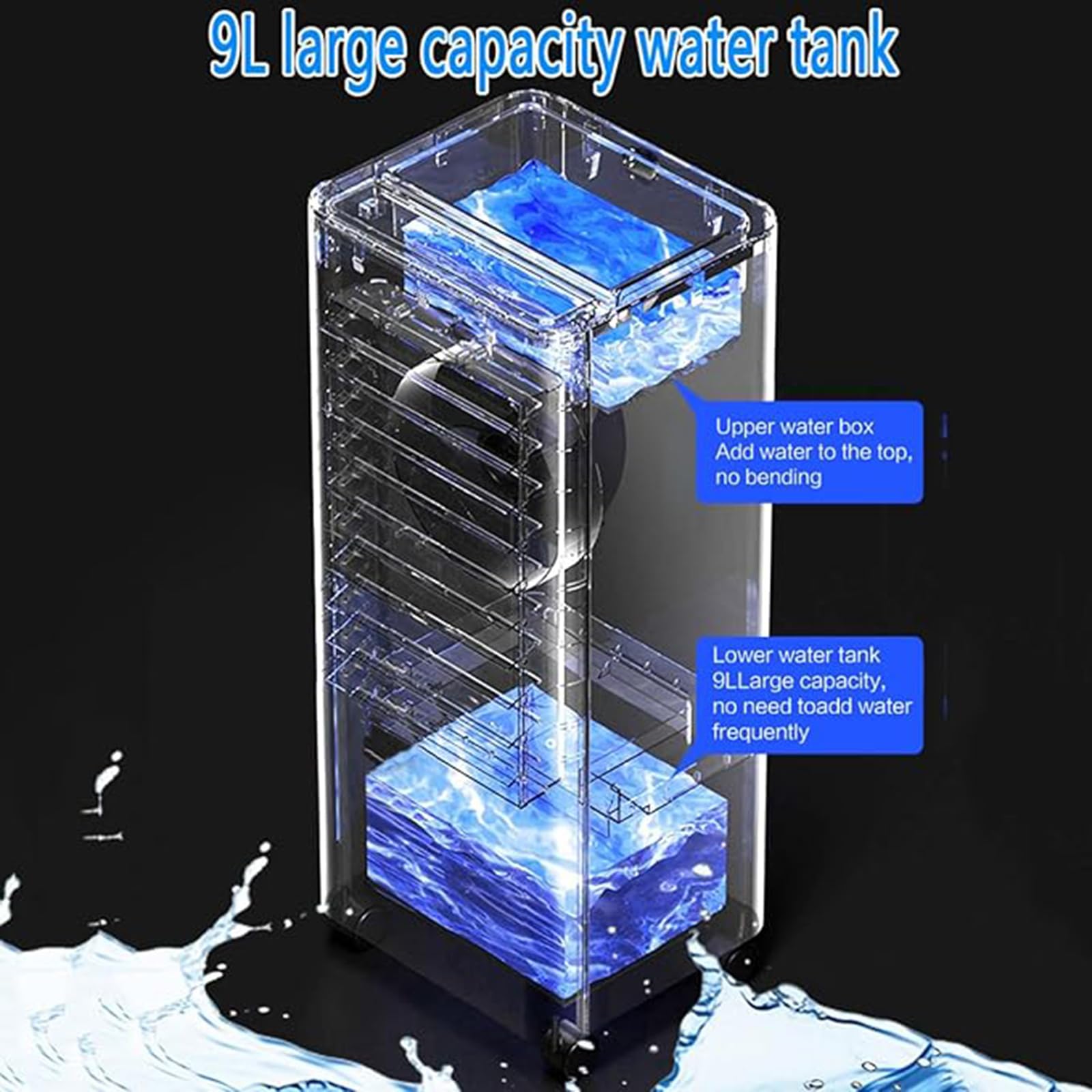 Przenośne klimatyzatory bez okna, 9-litrowa chłodnica wyparna, wyświetlacz LED, wentylator oczyszczający, 3 prędkości, oscylacja 90°, timer, klimatyzator, hum