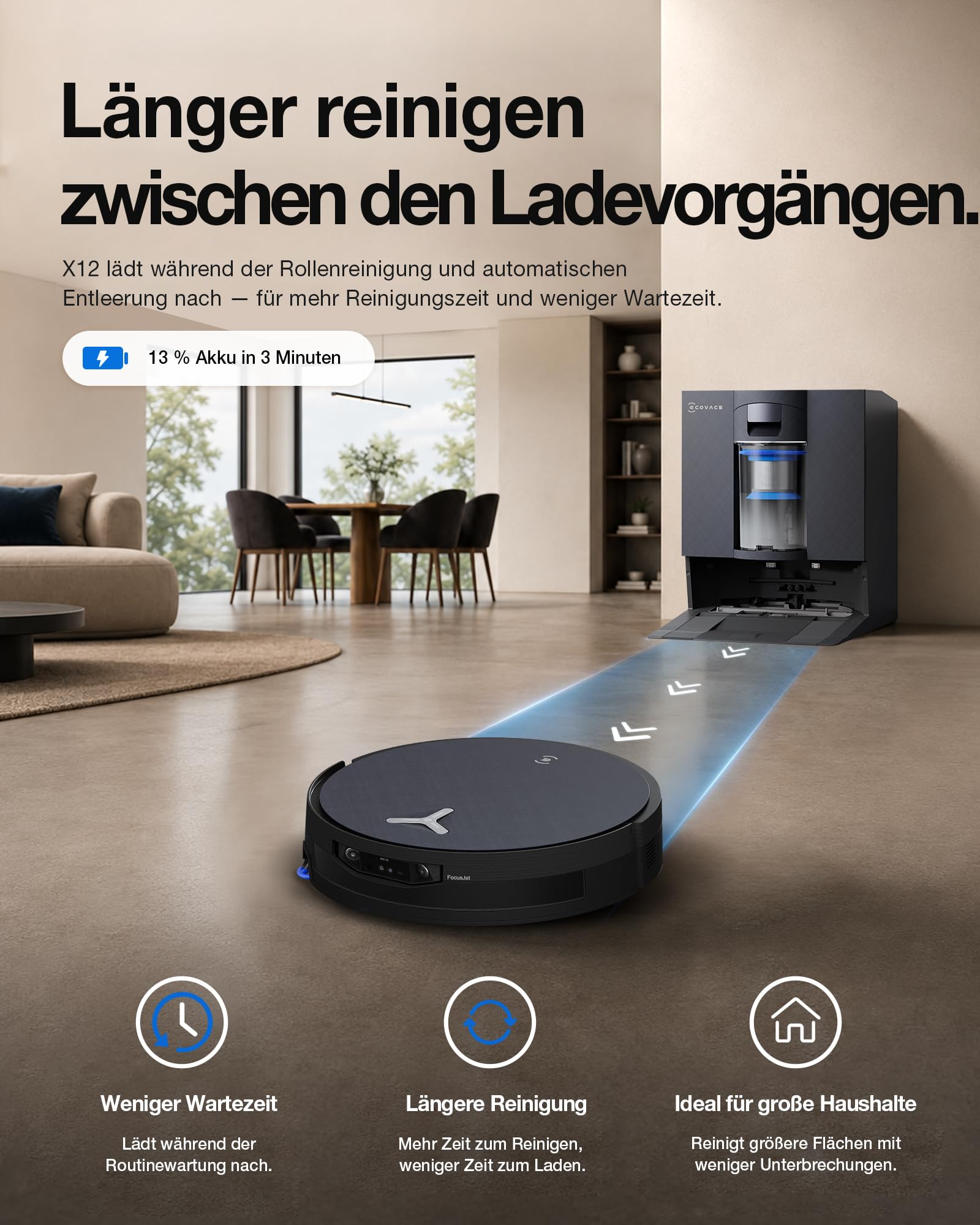ECOVACS X12 OMNICYCLONE Saugroboter mit Wischfunktion, 22.000 Pa Saugkraft | FocusJet-System zur Fleckenvorlösung, PowerBoost, OZMO ROLLER 3.0, ausfahrbare Mopprolle, PureCyclone Auto-Entleerung, BLAST