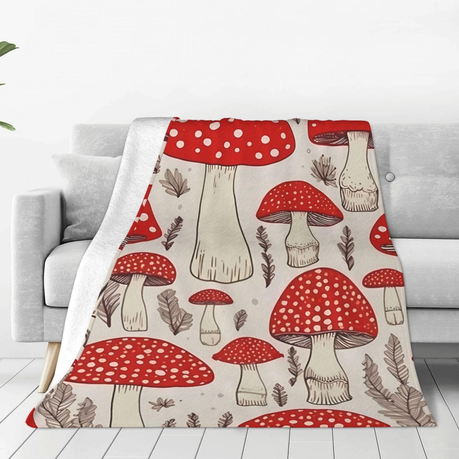 KLOPH Red White Mushroom Throw Blanket 50"x40" Flannel Fluffy Warm Blanket for Couch, Reversible Plush Blankets for Bed, Comfy Fuzzy Blanket for Sofa, Plush Lightweight-Blankets for All Season