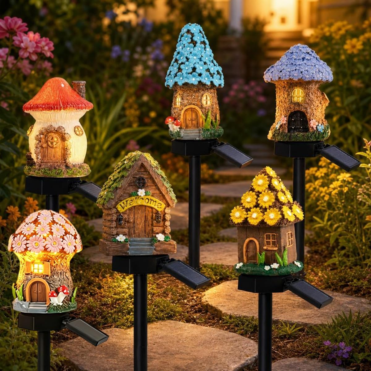 EHOTER Solar Fairy Mushroom Cottage Garden Light Waterproof LED Outdoor Mushroom House Statue Decor Lamp Resin Mushroom Cottage Figurine Auto On/Off Landscape Pathway Light for Yard Patio Lawn (6PCS)