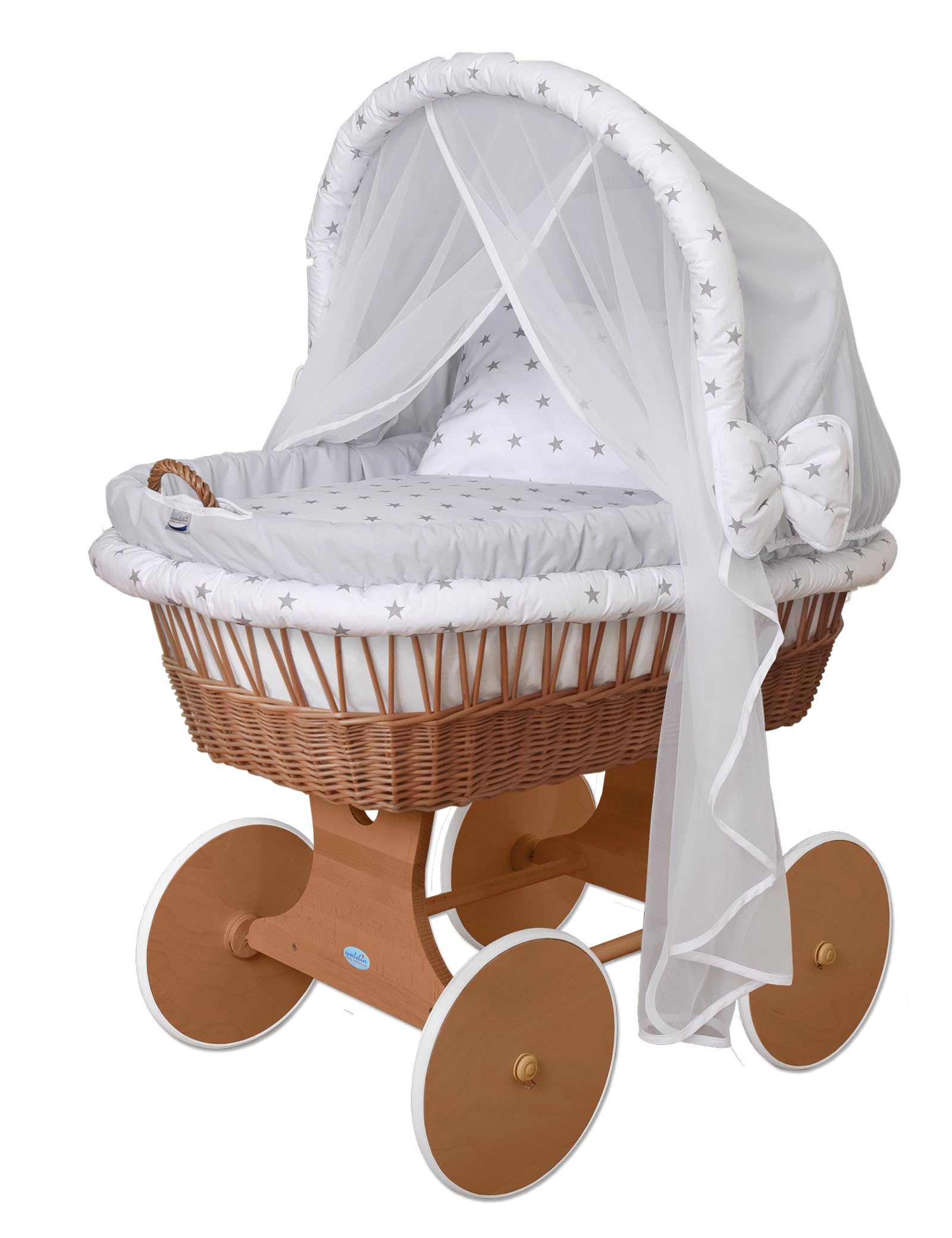 waldin Stubenwagen-Set mit Ausstattung,XXL,Bollerwagen,komplett,25 Modelle wählbar,Gestell/Räder lackiert,Stoffe grau/Sterne