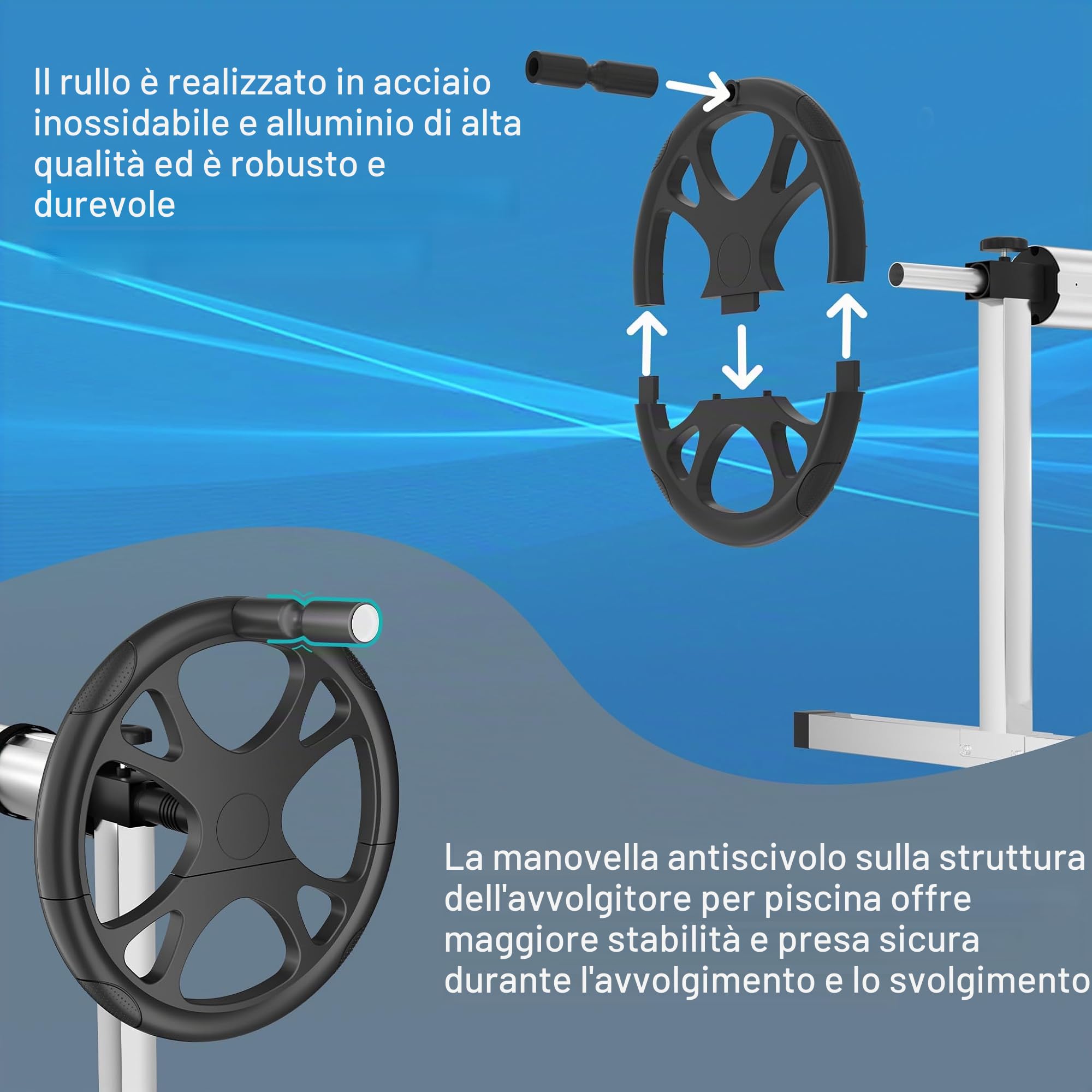 LZQ Avvolgitore per piscina mobile in alluminio + sistema di avvolgimento in acciaio inox, con 8 nastri di fissaggio per telone solare e piscina | 3 m – 5,70 m regolabile