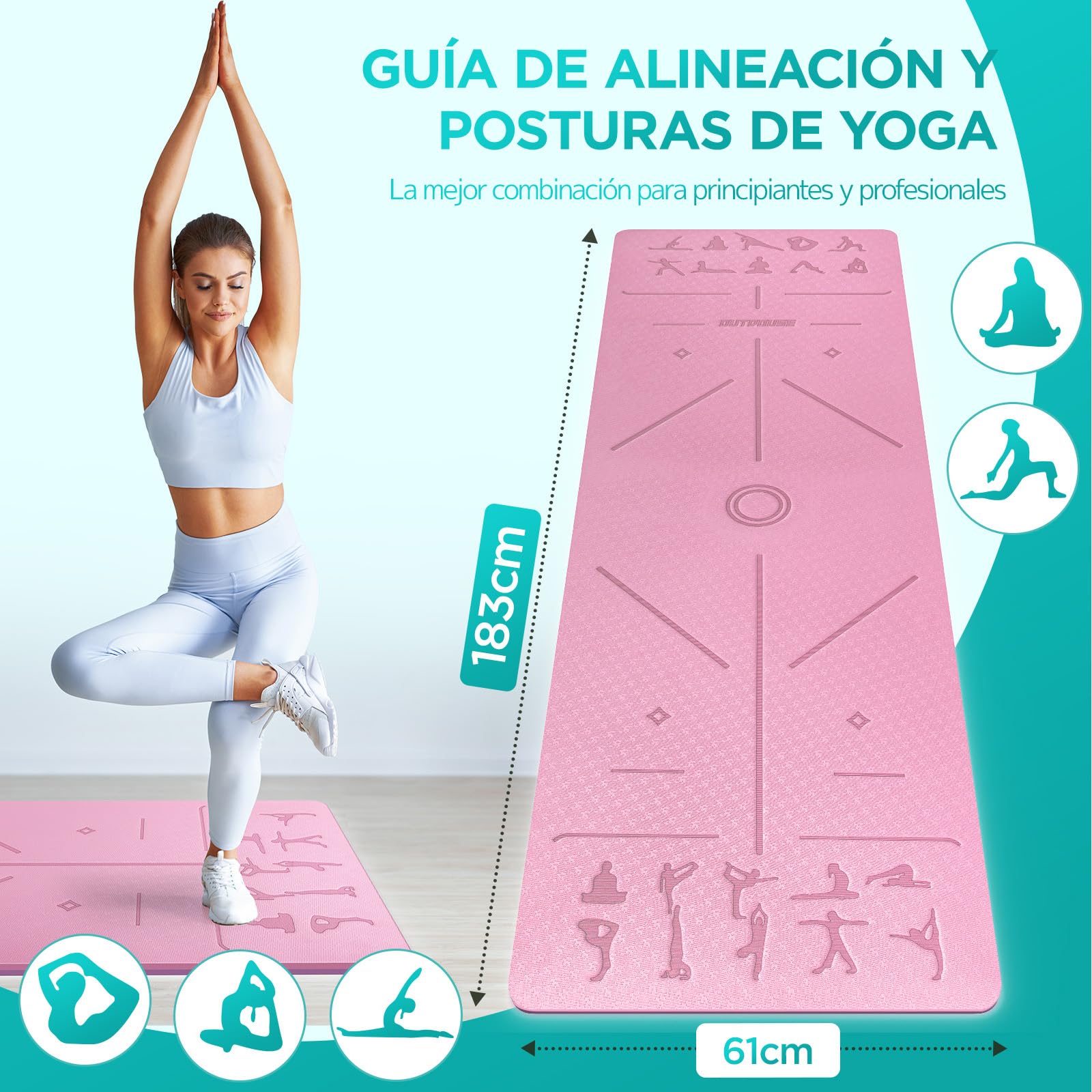 Esterilla Yoga,Esterilla Fitness Antideslizante,TPE Colchoneta Gimnasia, para Pilates,Deporte,Gimnasia,Estiramientos, Esterilla Deporte con bandolera 183x61cm