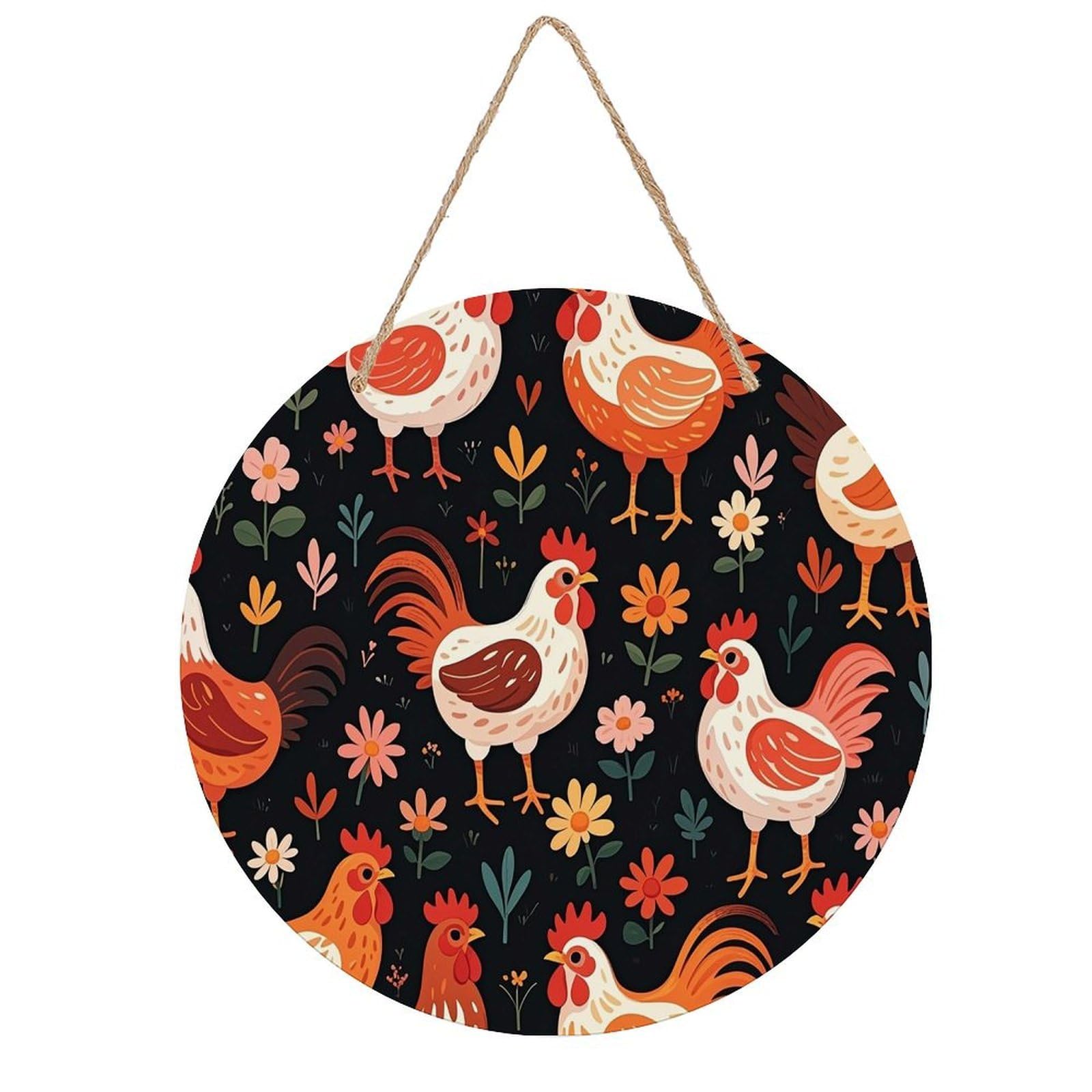 FekiLoot Cute Rooster Chickens Welcome Sign Wall Decor Welcome Round Wood Hanging Signs Decoration Farmhouse Wall Sign Wall Plaque Funny Decor Door Hanger for Front Door Porch Office