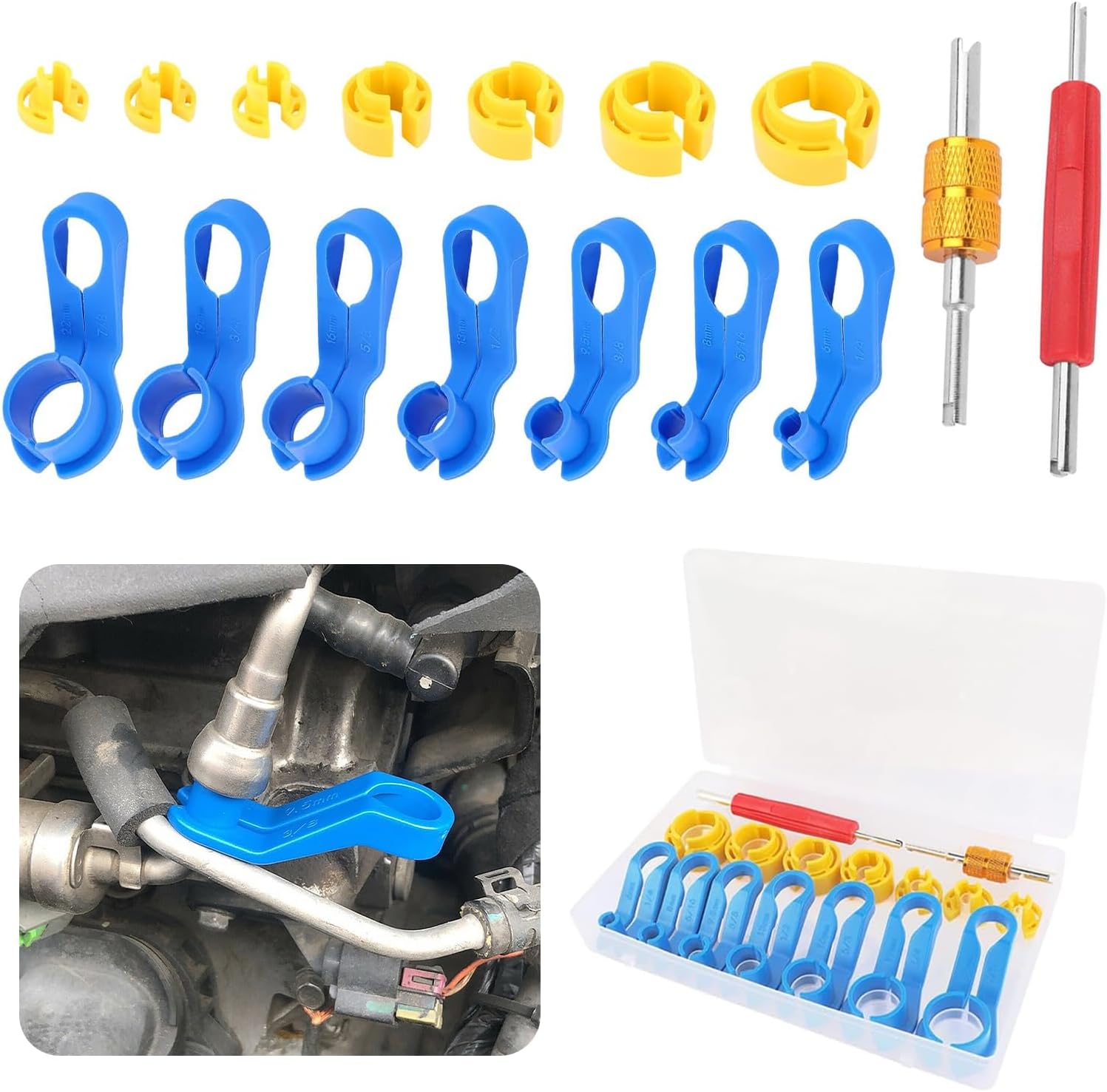 16PCS Fuel Line Disconnect Tool Set - 1/4 5/16 3/8 1/2 5/8 3/4 7/8 Inch Quick Disconnect Tool with AC Valve Core Removal Tool - AC Line Disconnect Tool for Repairing Car Accessories