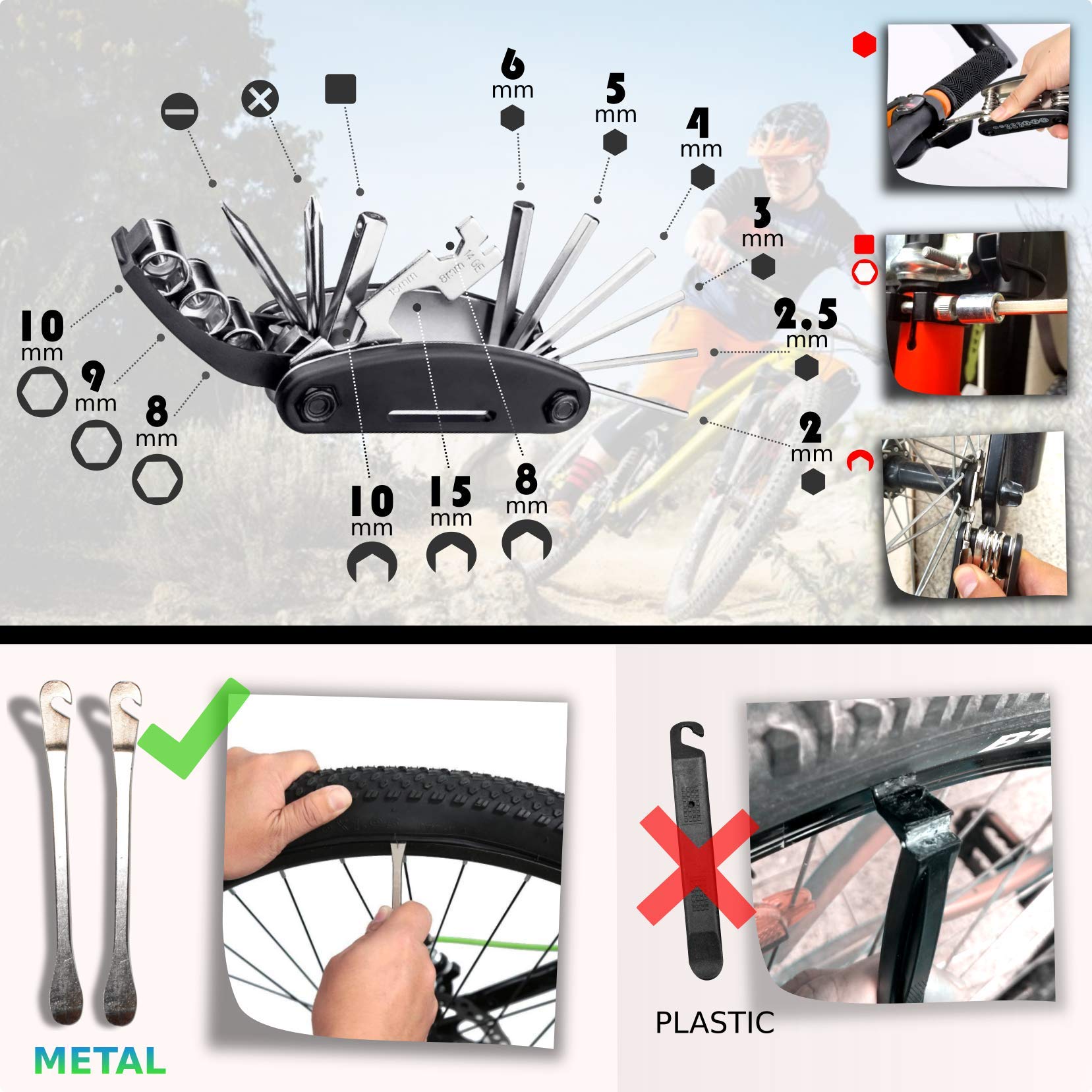 WONCROW ® Kit Réparation Vélo + Trousse Premiers Secours : Sacoche de Selle + Pompe + Outil Multifonction + Rustine Velo Accessoire Démonte Pneu Crevaison Electrique Pedale Chambre Air Reparation Vtt