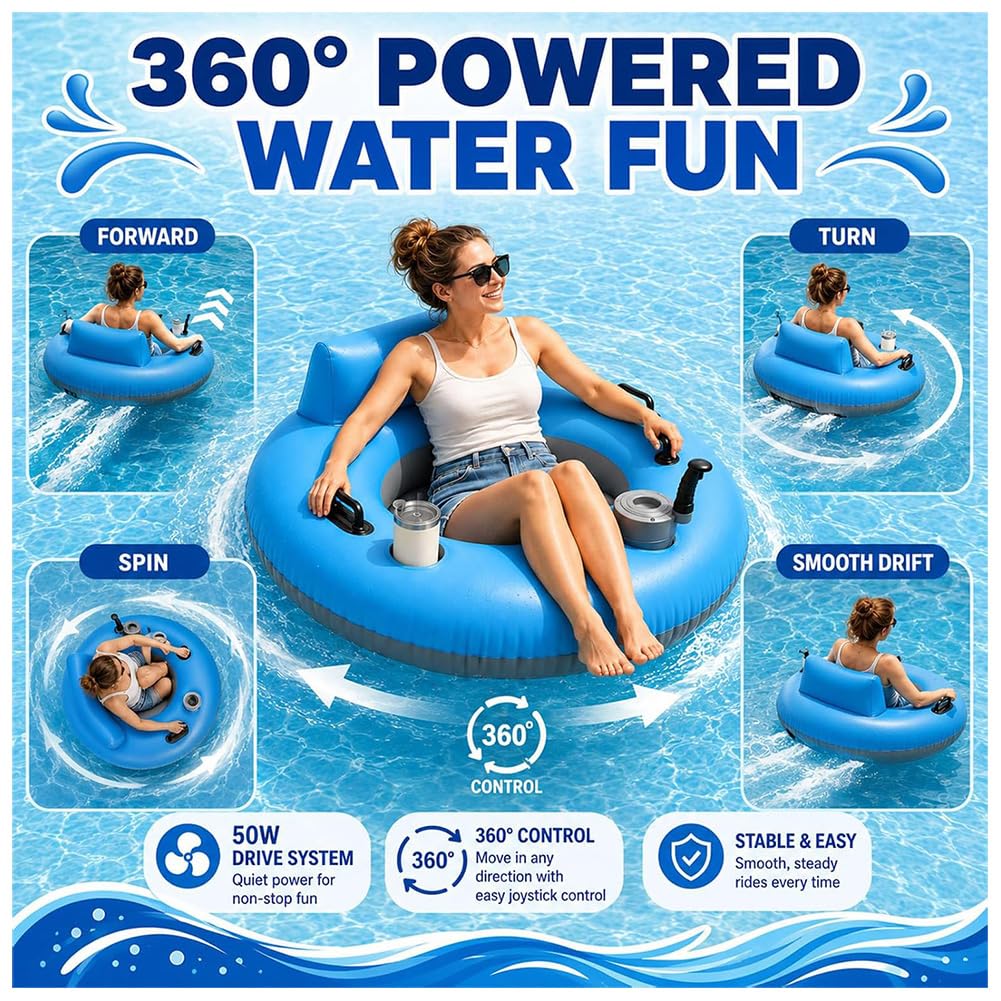 Motorisierte Pool-Liege, Elektrischer Pool-Float mit 360° Rotierendem Antrieb, 136kg Tragkraft - Getränkehalter und Rückenlehne, Aufblasbare Wasserliege für Pool, See, Strand und Sommerspaß