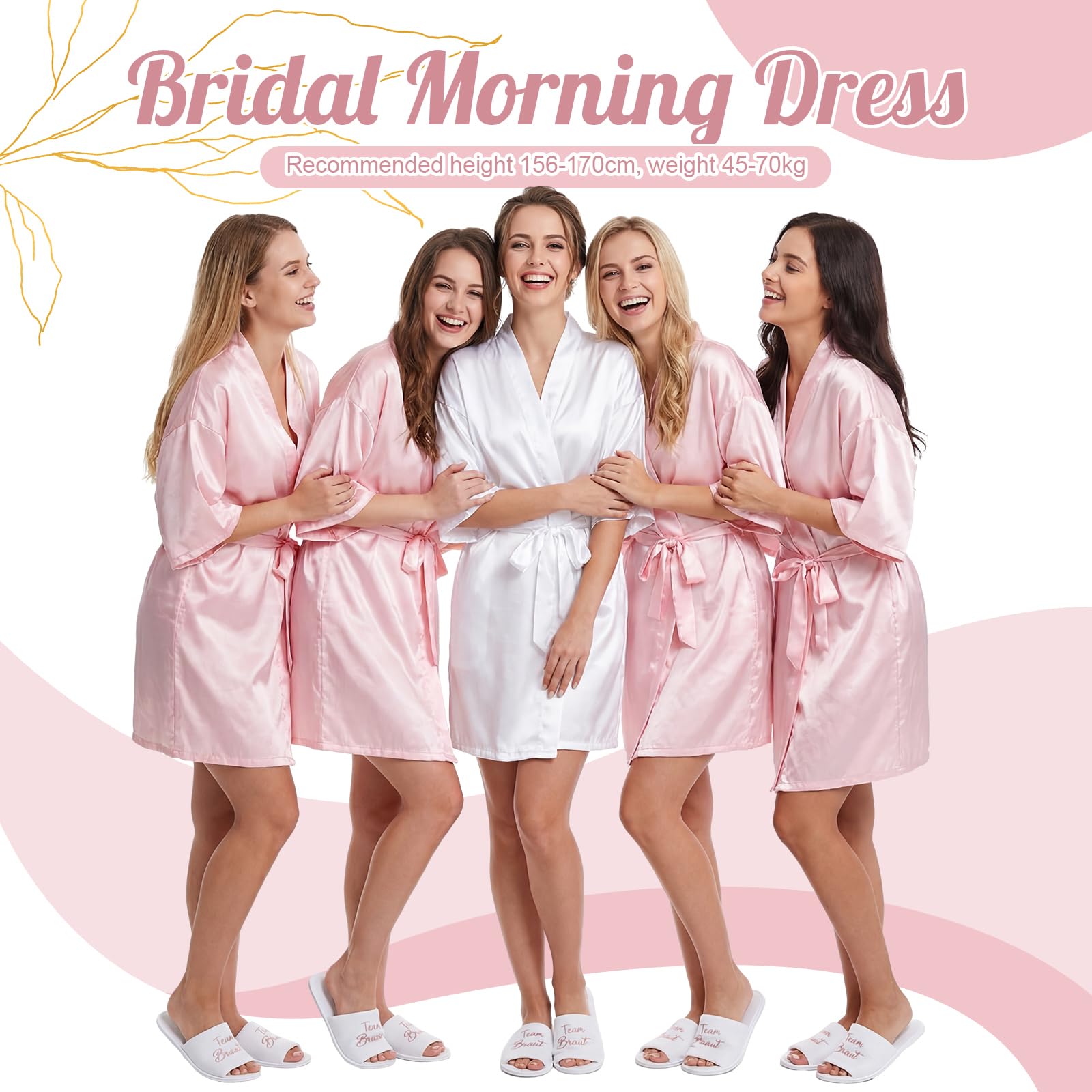 Hestya Peignoir de Mariage pour Femmes Peignoir en Satin pour Mariée et Demoiselles d'Honneur avec Pantoufles et Élastique à Cheveux EVJF Décoration pour Fiançailles Mariage