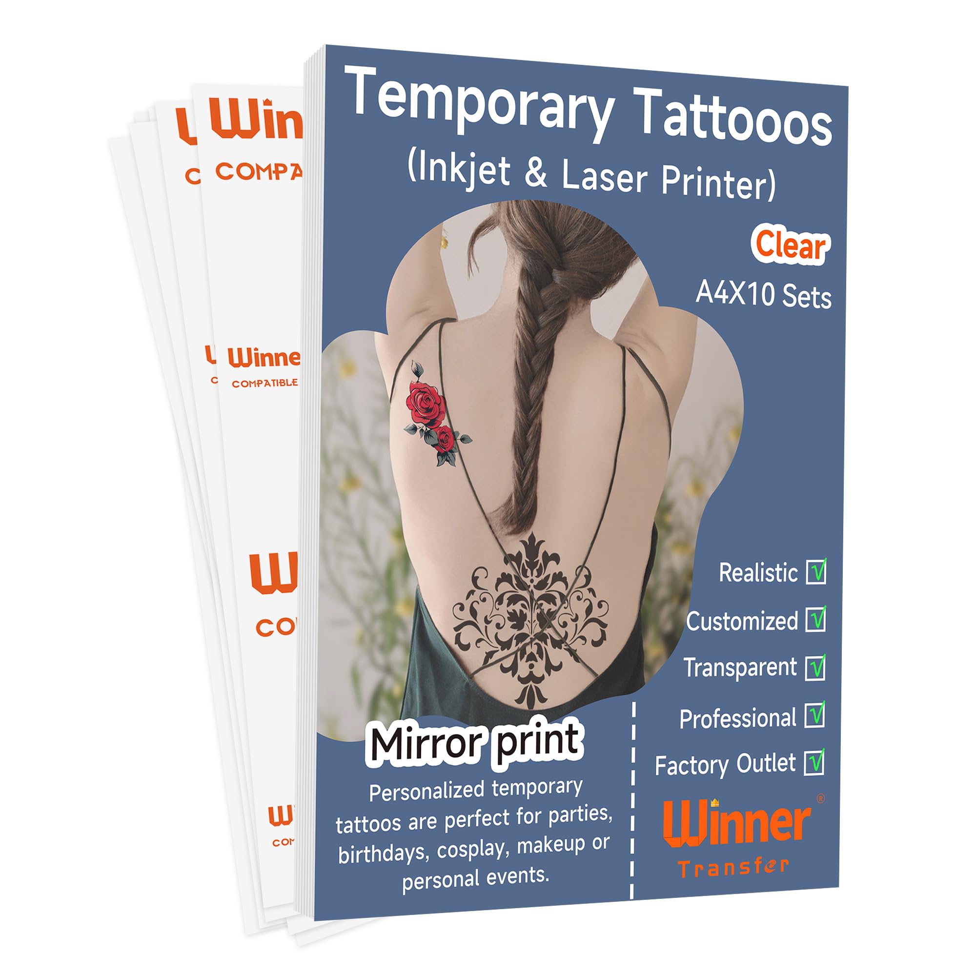 Professional Transparent/Clear Printable Temporary Tattoo Paper for Inkjet&Laser Printer A4 10 Sets (A+B) Temp Tattoo Stickers Personalised Realistic Tattoos (WT-Tattoo-1.0-10)