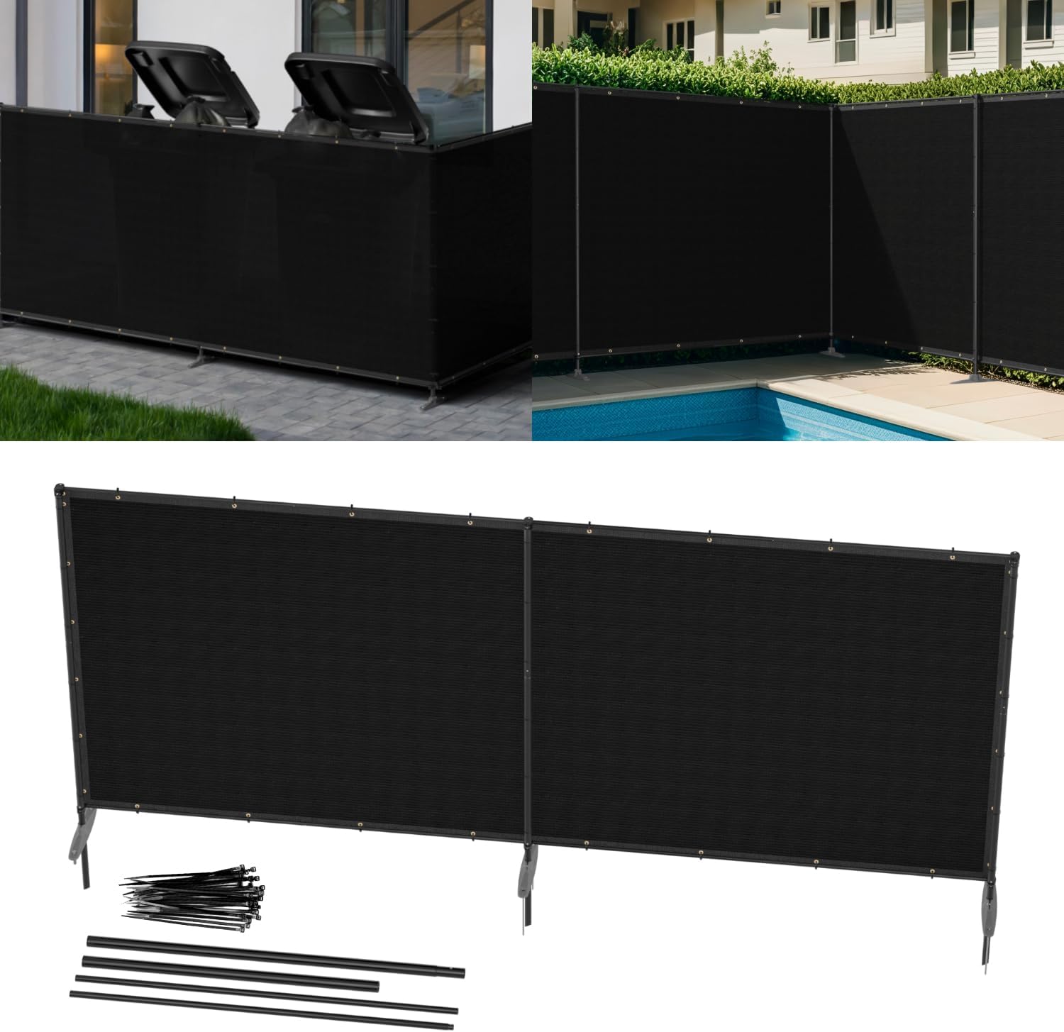 6' x 12' Black Outdoor Privacy Screen Freestanding 240 GSM Privacy Fence Panels for Outside, Pool Fences with Poles, Backyard Temporary Fencing, Privacy Wall Ground Pole Fence