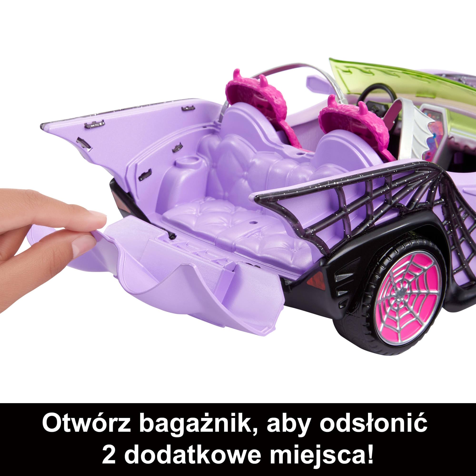Monster High Fioletowy kabriolet z pajęczą siecią oraz zwierzątkiem i lodówką turystyczną. HHK63