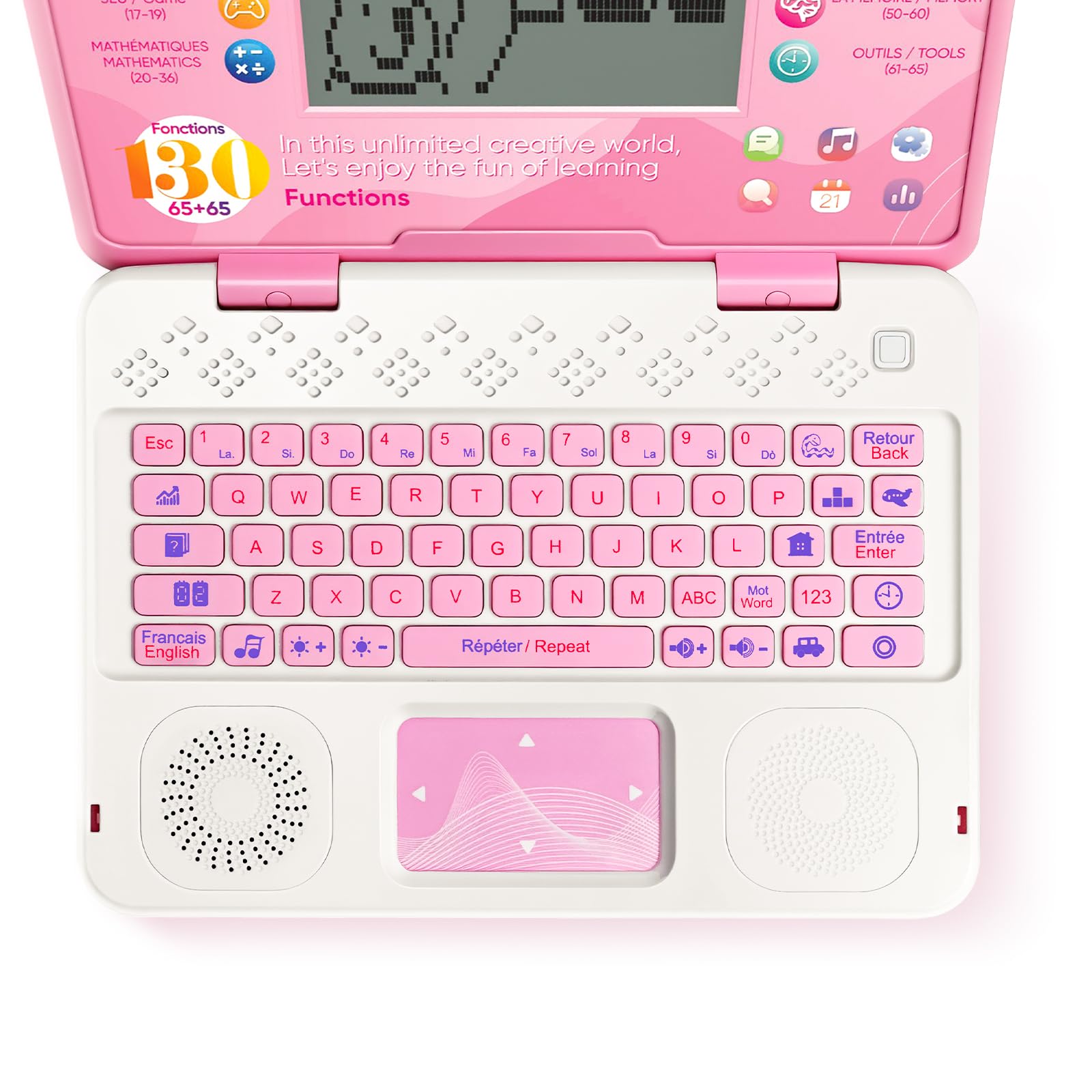 Ordinateur Enfant - Ordinateur Éducatif Bilingue - Jouet Fille avec 130 Jeux pour Apprendre l'Anglais, Le Français, Les Maths, Cadeau d'anniversaire de Noël pour Garçons Filles - Rose