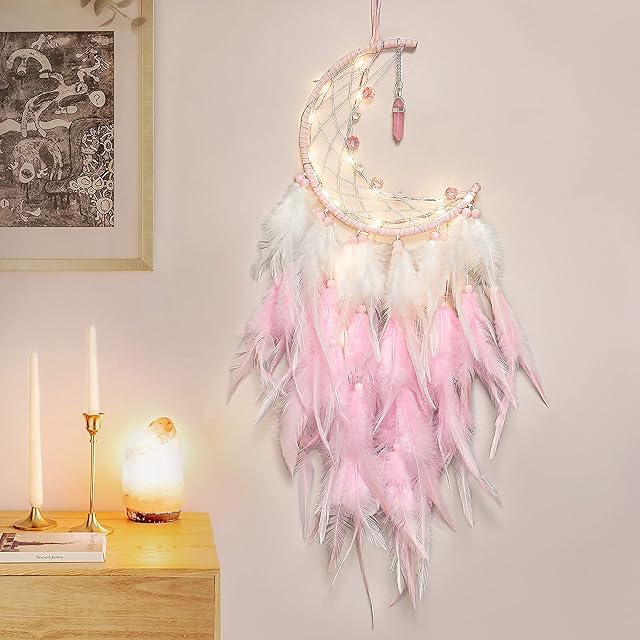 Dremisland Moon Dream Catcher with Fairy Lights Handmade Pink & White Feather Turquoise Pendant Wall Hanging Ornament for Home Bedroom Wall Decoration Craft Gift